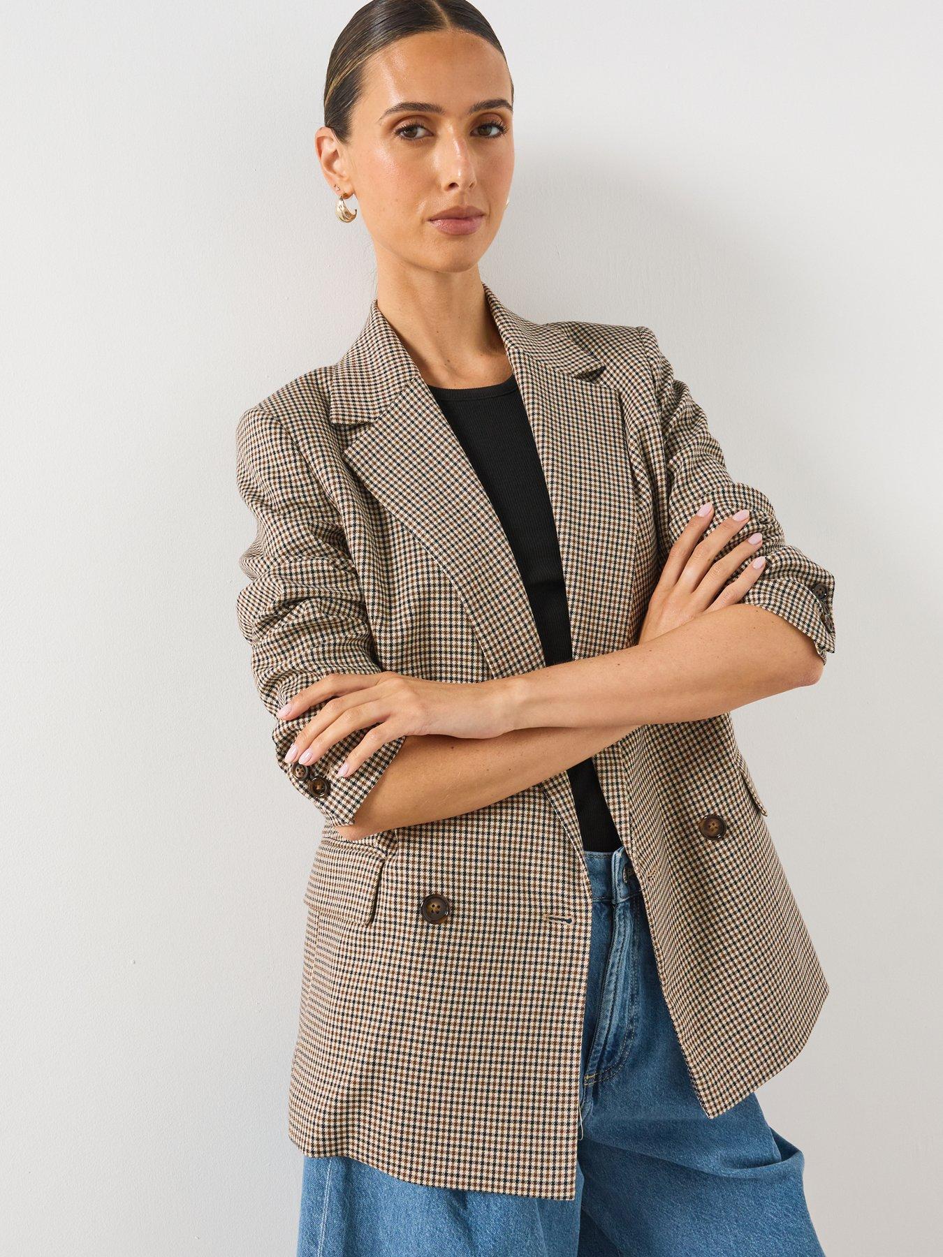 Image 1 of 6 of Mango Double-Breasted Micro-Houndstooth Jacket - Brown