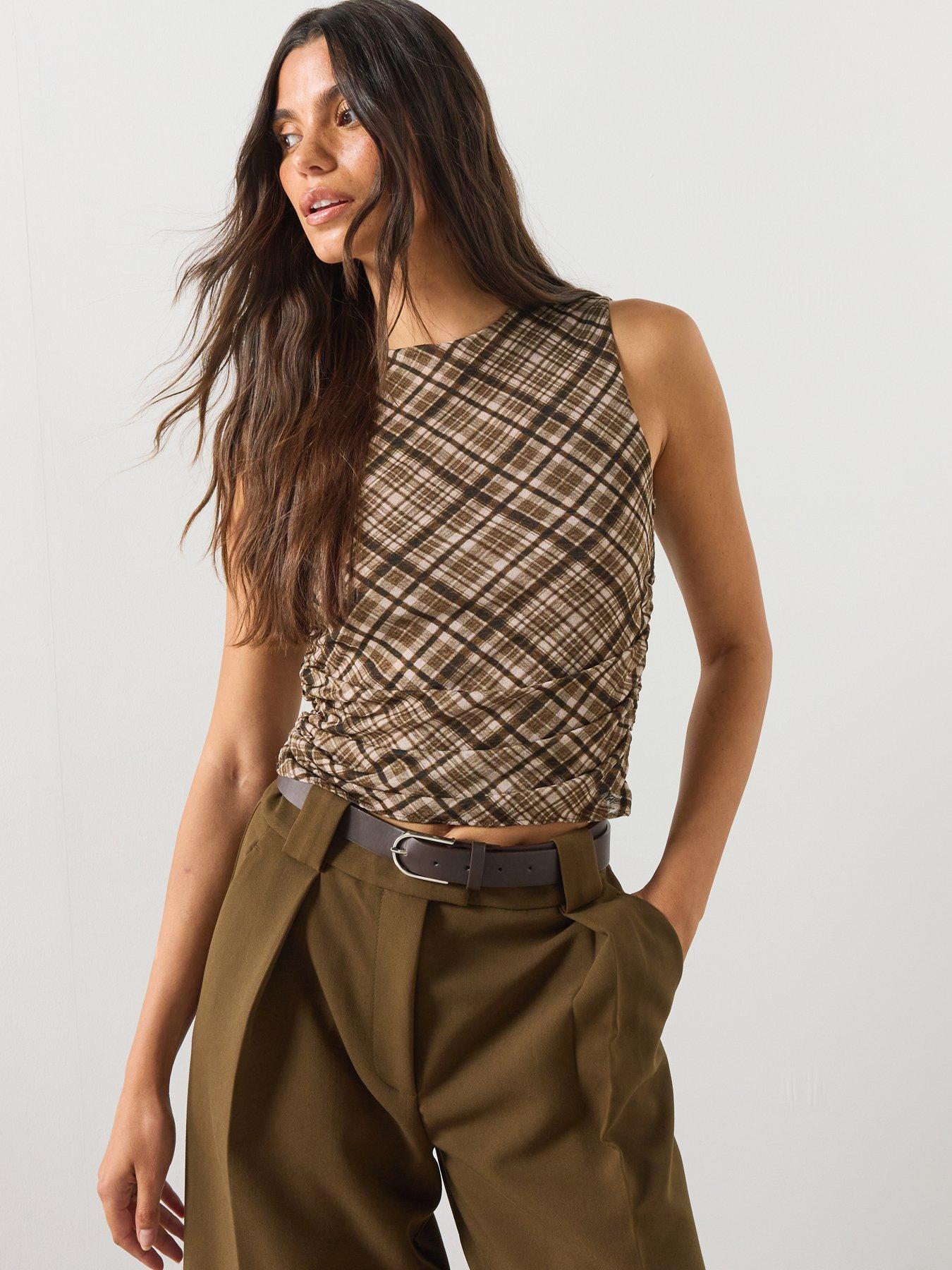 Mango Draped Checkered Top - Brown