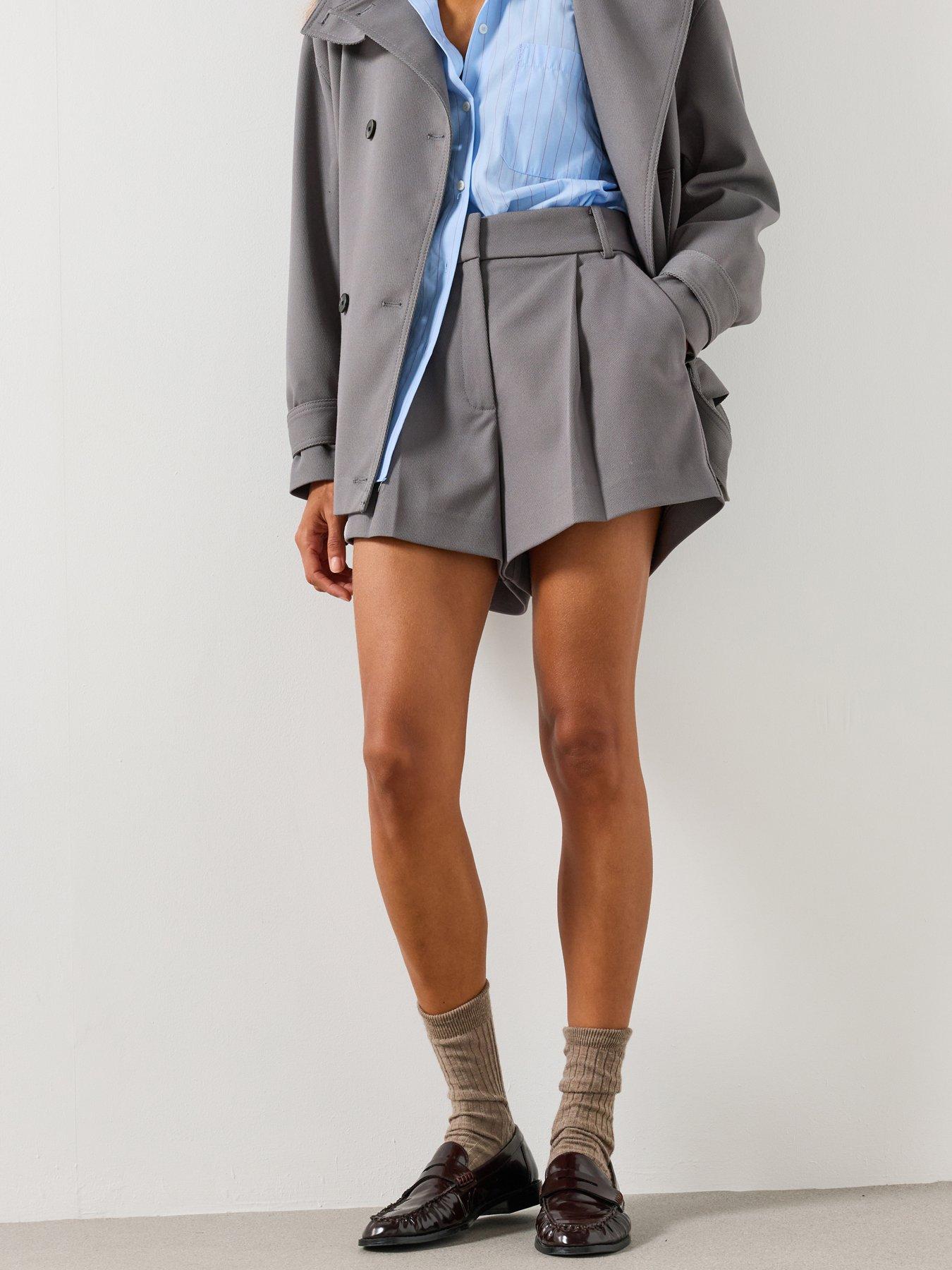 Image 1 of 4 of Mango Straight Pleated Detail Shorts - Grey