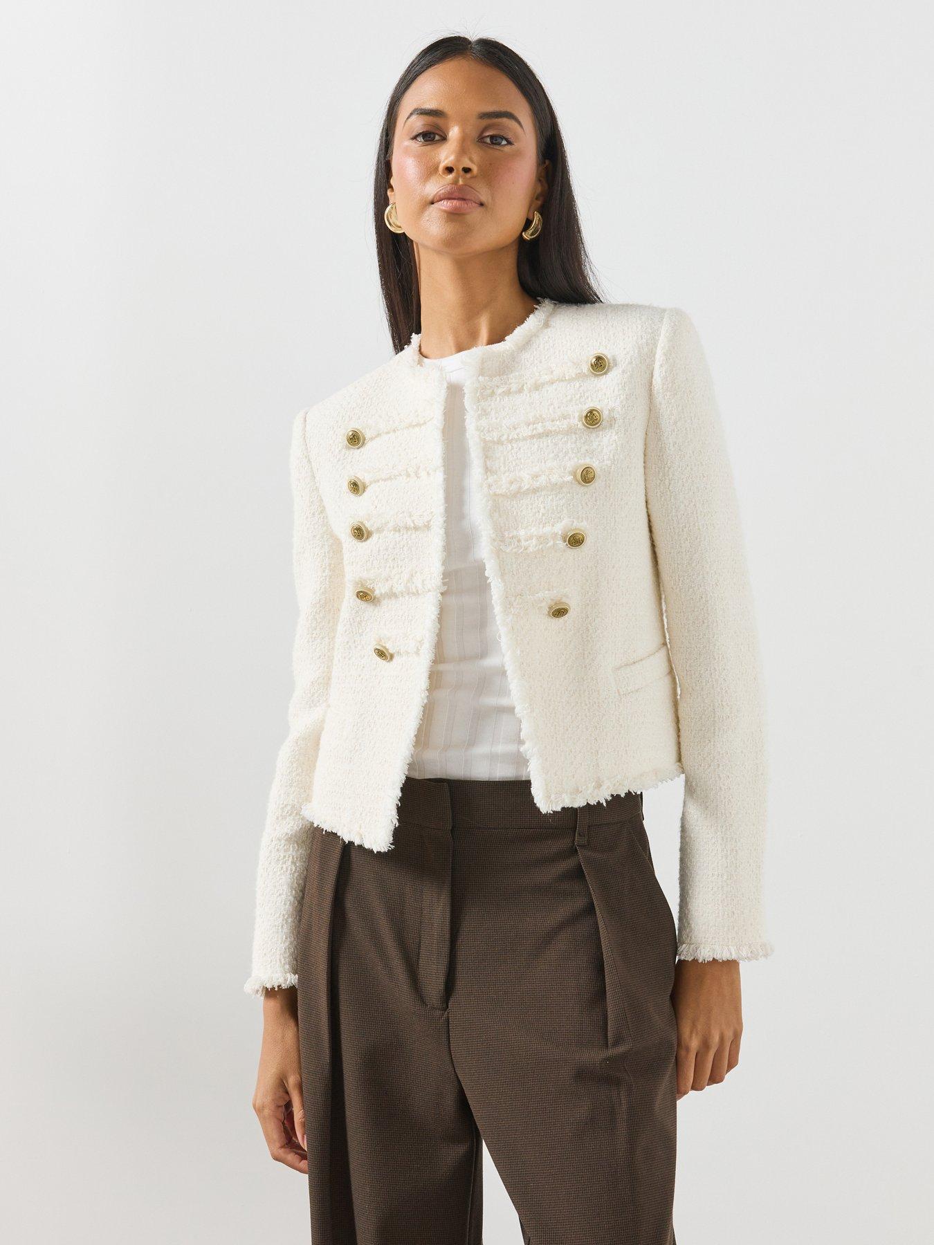 Mango Decorative Frogging Closures Tweed Jacket - White