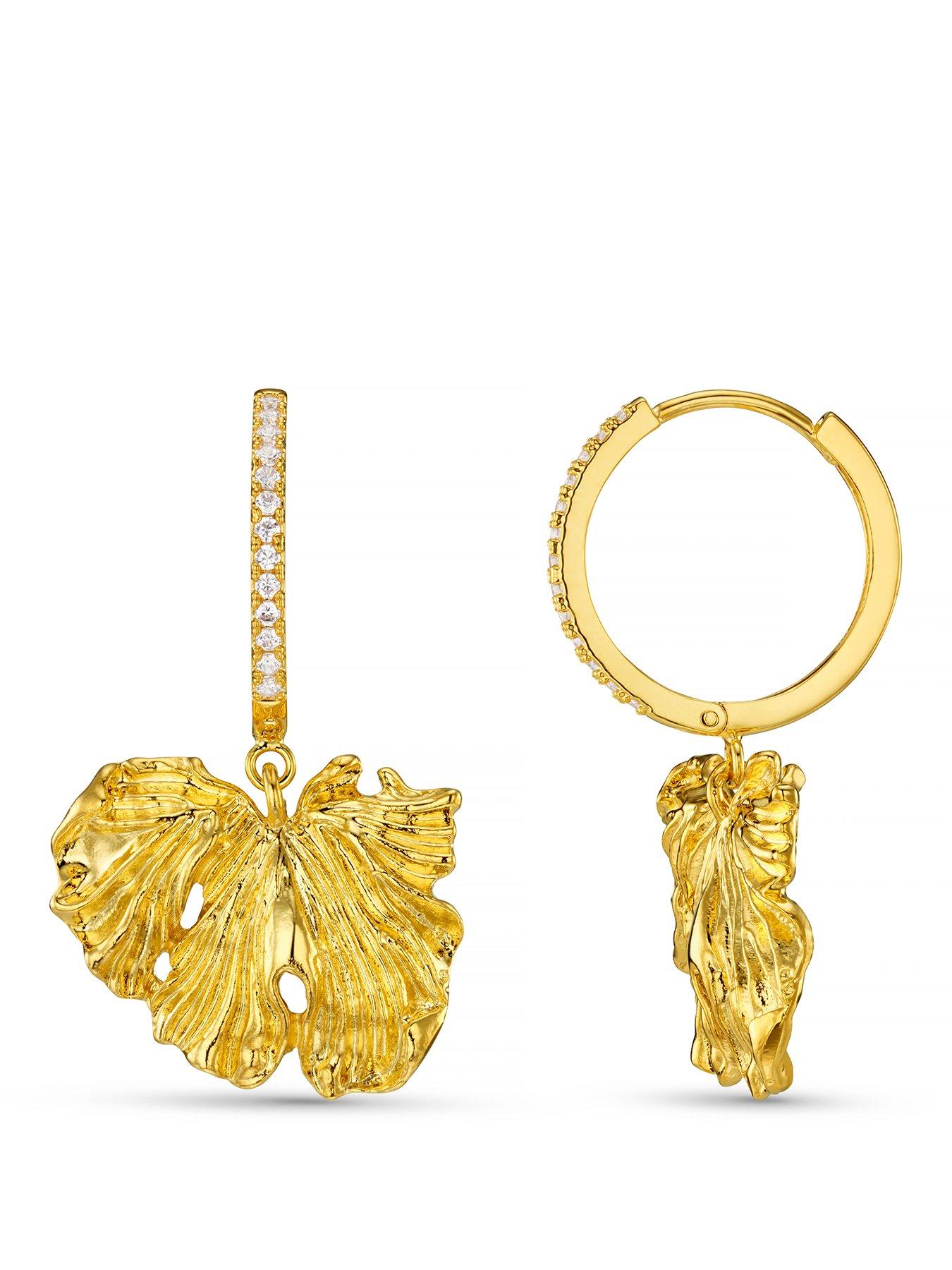 Image 1 of 2 of Orelia Molten Leaf Charm Pave Hoop Earrings