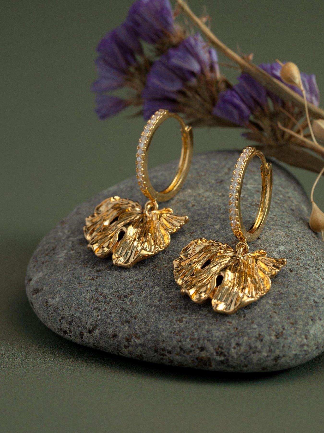 Image 2 of 2 of Orelia Molten Leaf Charm Pave Hoop Earrings