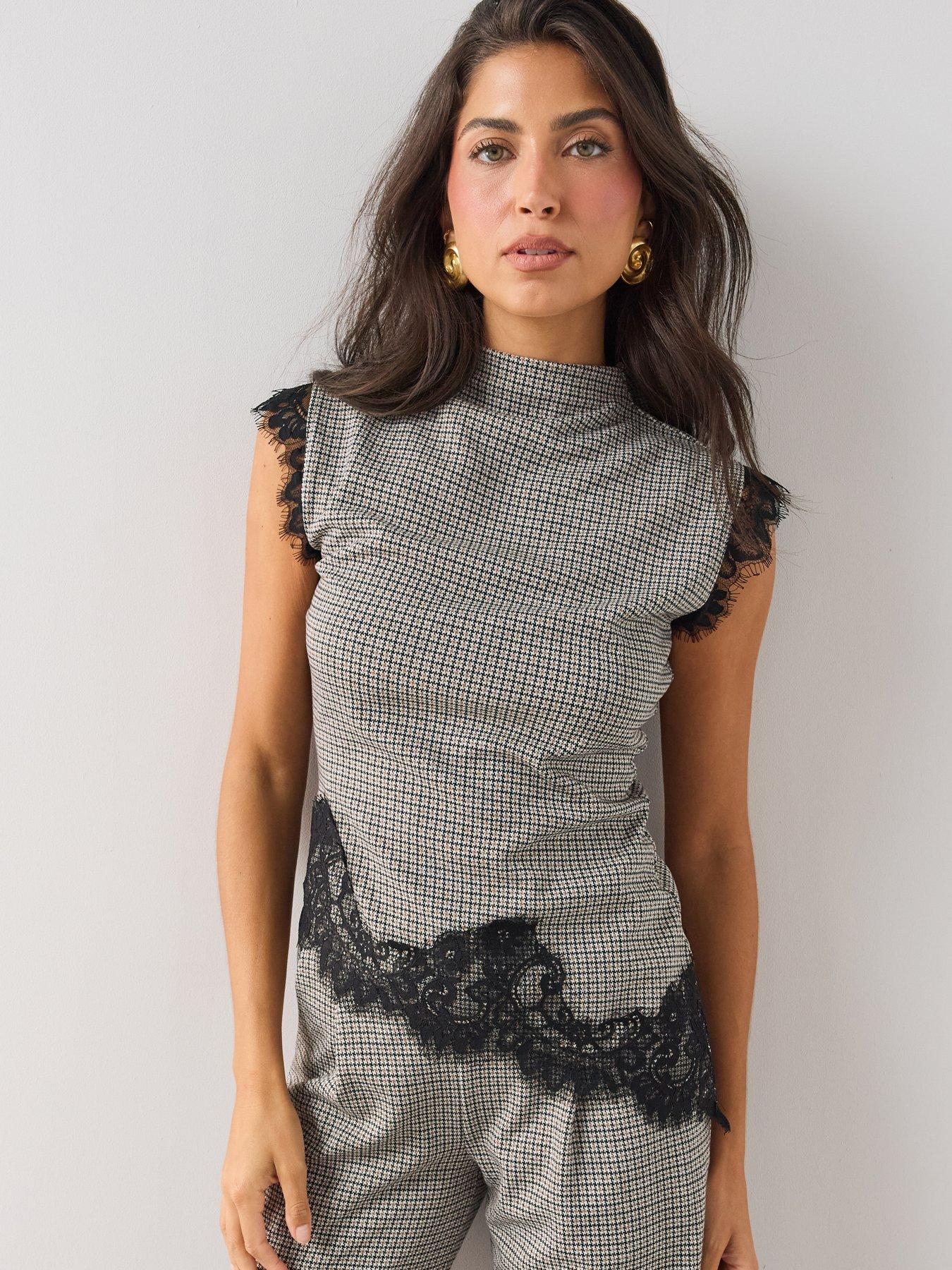 The Very Collection Asymetric Lace Trim Check Top