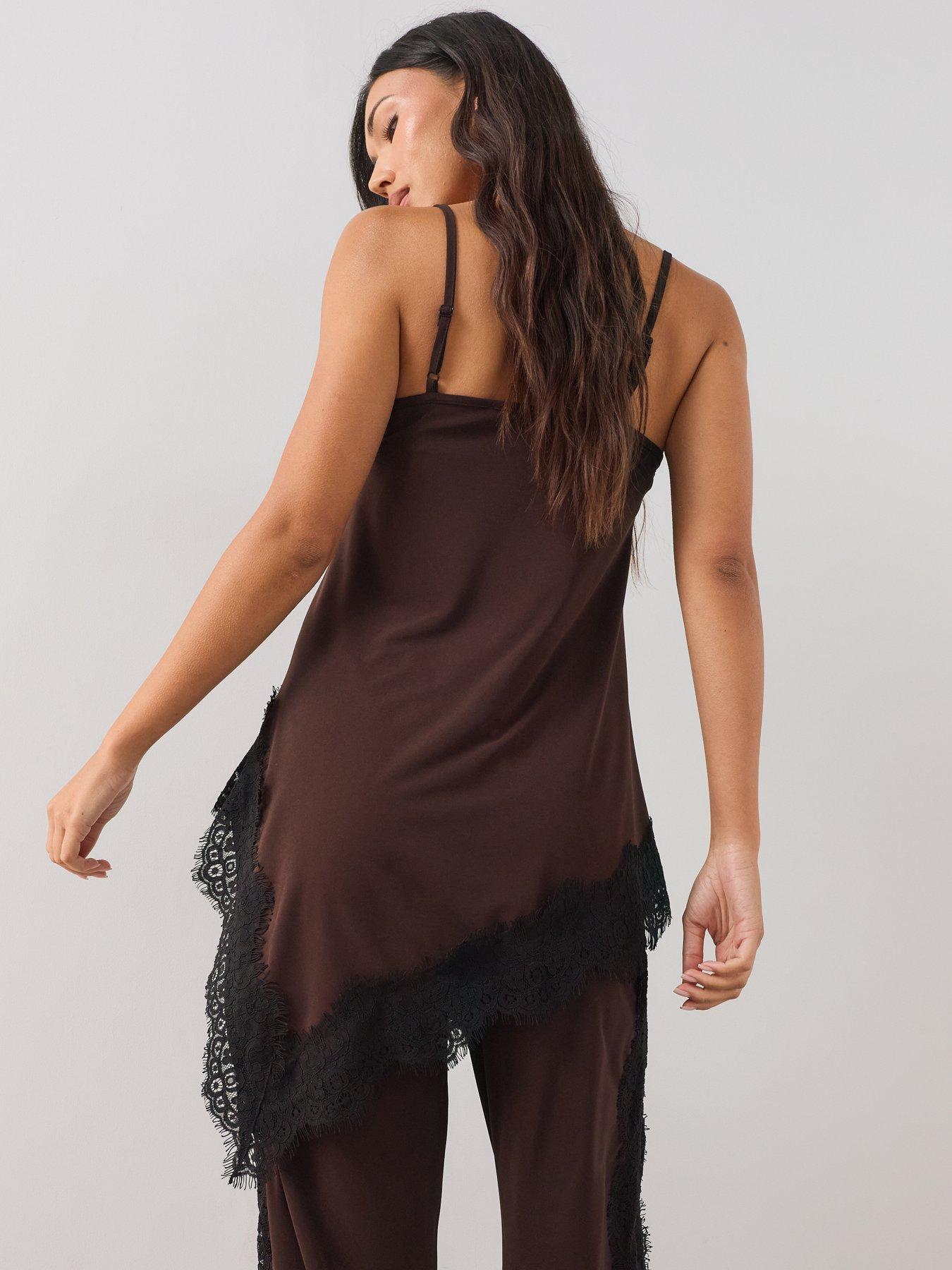 Image 2 of 7 of The Very Collection Lace Trim Asymmetric Cami Top Co ord - Brown