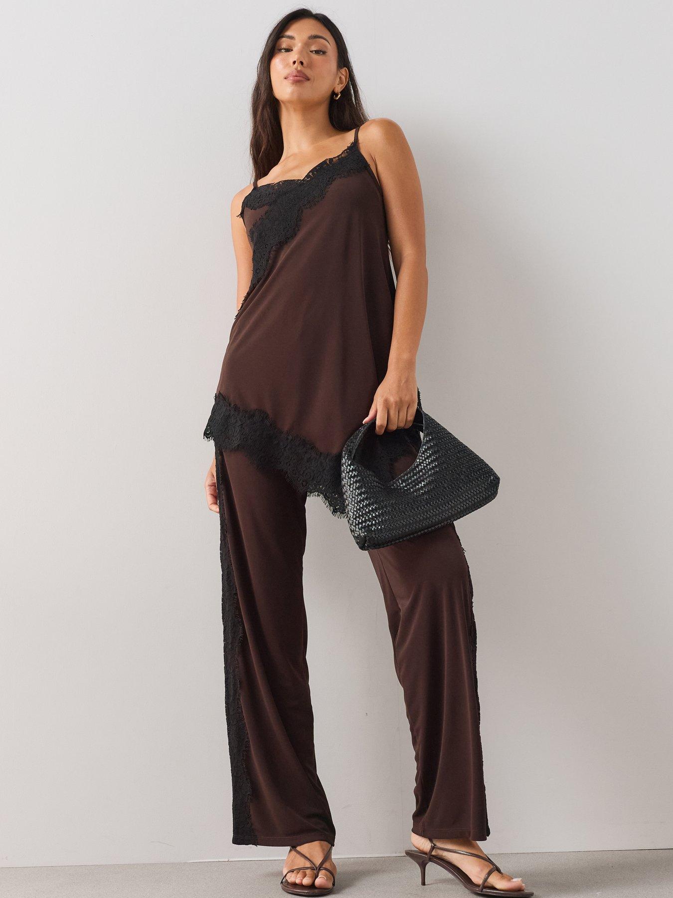 Image 3 of 7 of The Very Collection Lace Trim Asymmetric Cami Top Co ord - Brown