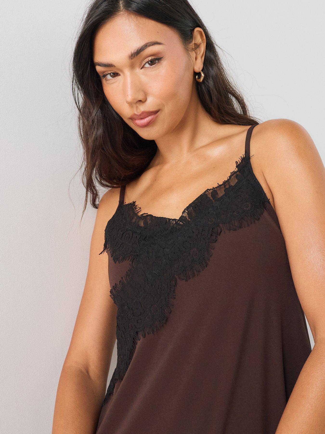 Image 4 of 7 of The Very Collection Lace Trim Asymmetric Cami Top Co ord - Brown