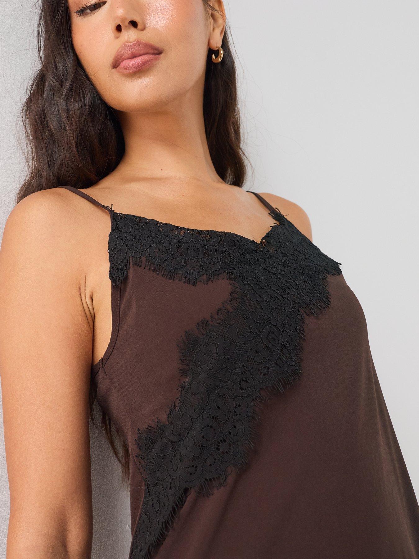 Image 5 of 7 of The Very Collection Lace Trim Asymmetric Cami Top Co ord - Brown