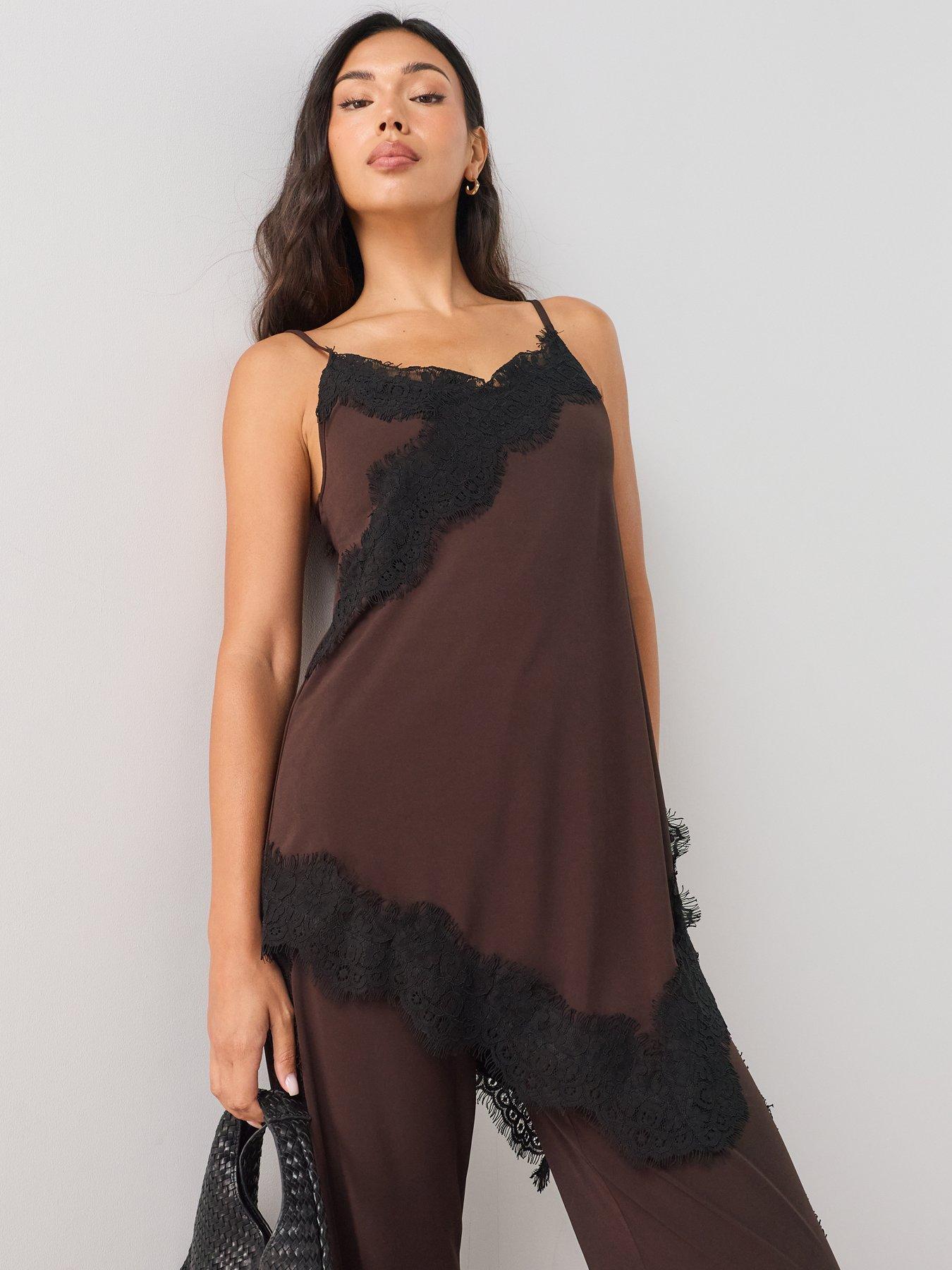 Image 6 of 7 of The Very Collection Lace Trim Asymmetric Cami Top Co ord - Brown