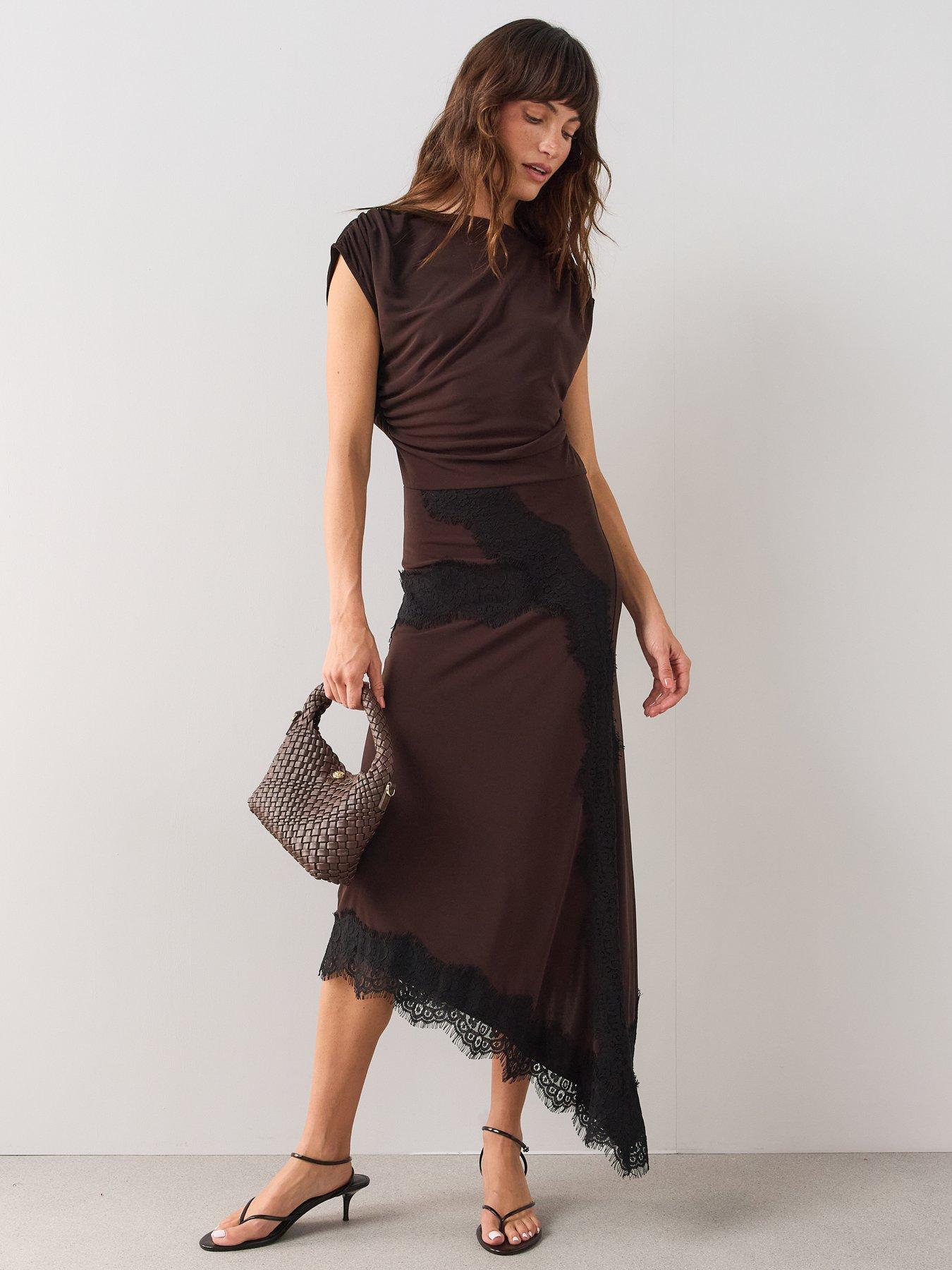 The Very Collection Lace Trim Asymmetric Midaxi Dress - Brown