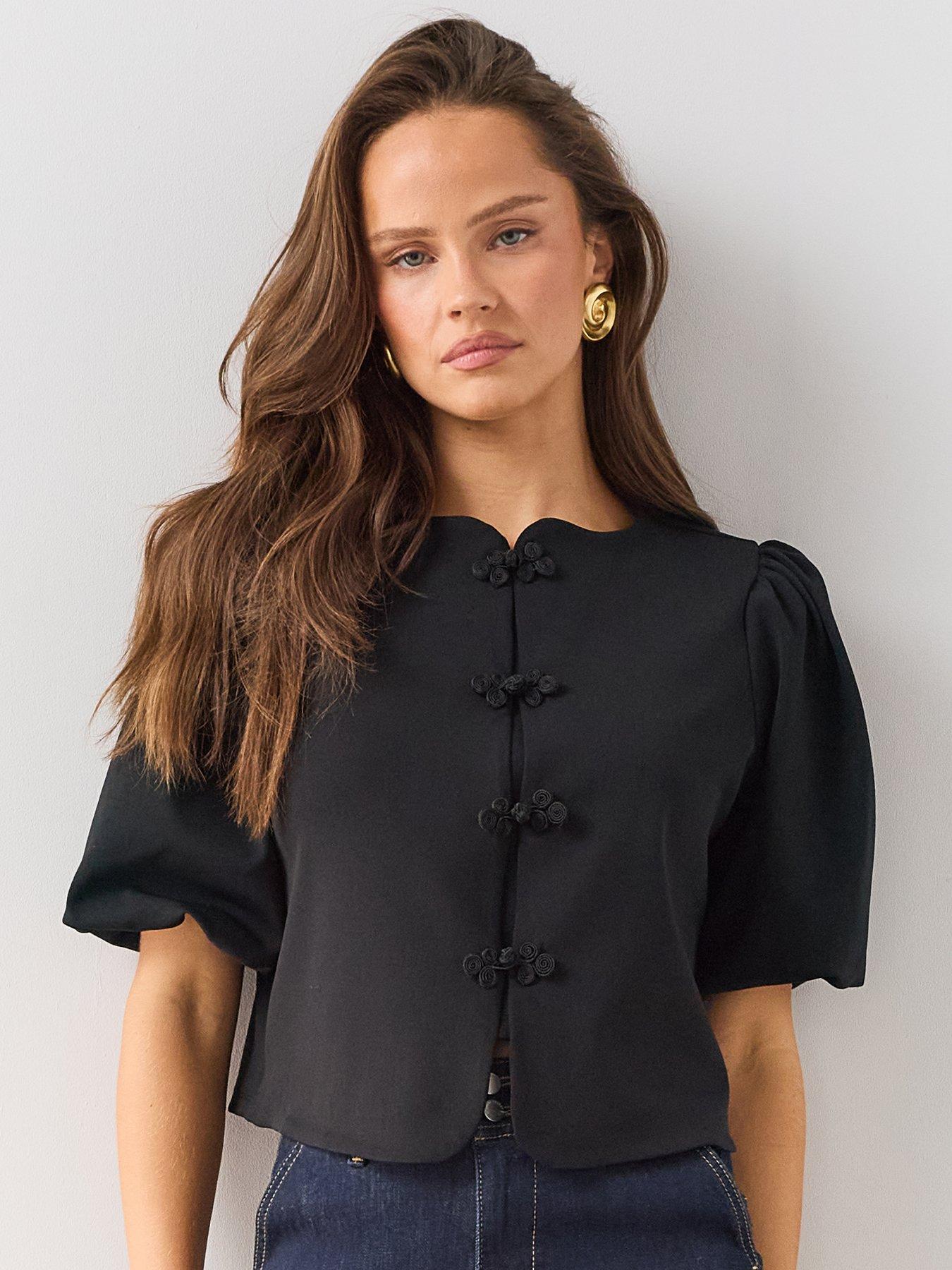 The Very Collection Mandarin Button Puff Sleeve Top