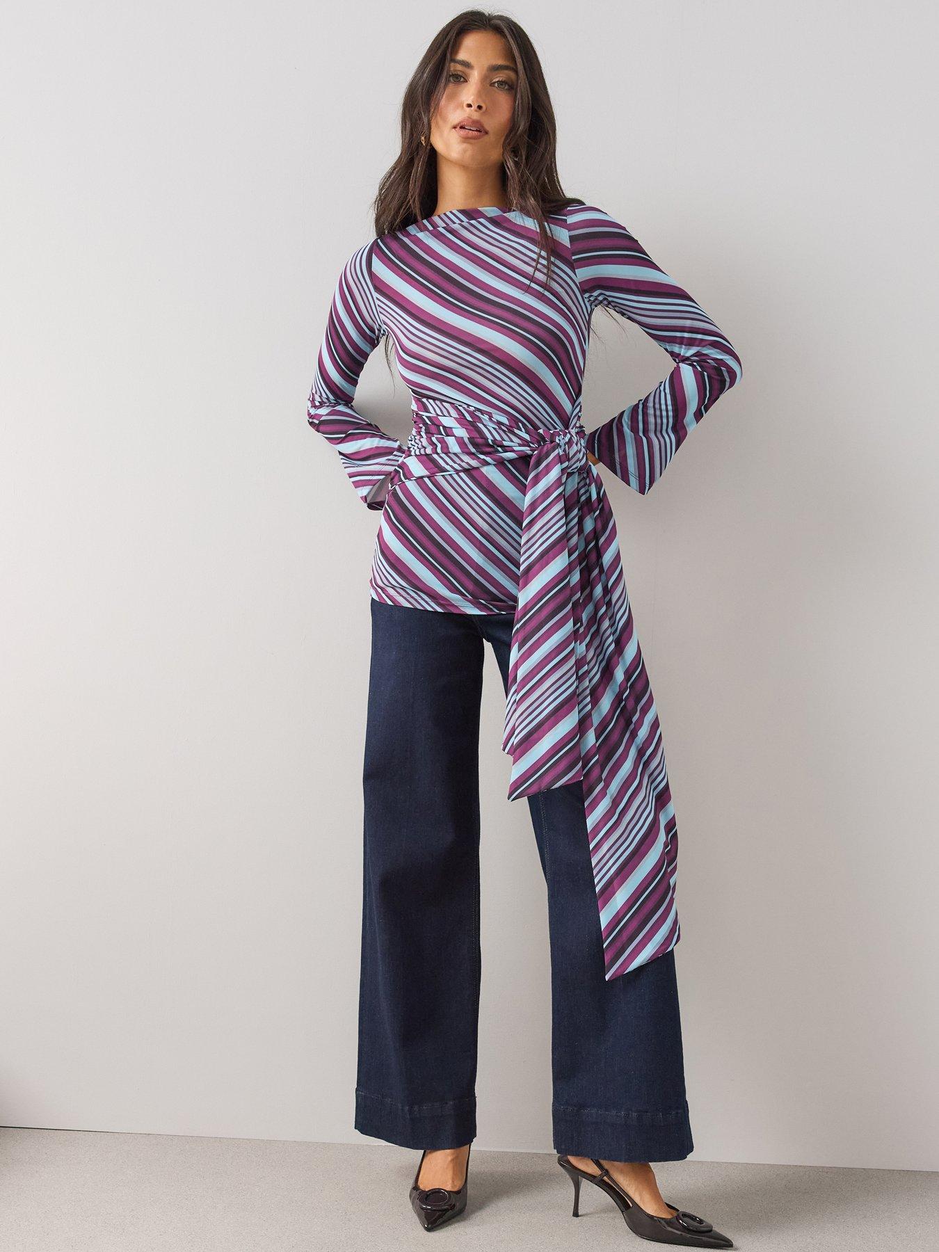 Image 1 of 6 of The Very Collection Stripe Longline Top with Waist Tie Detail - Multi