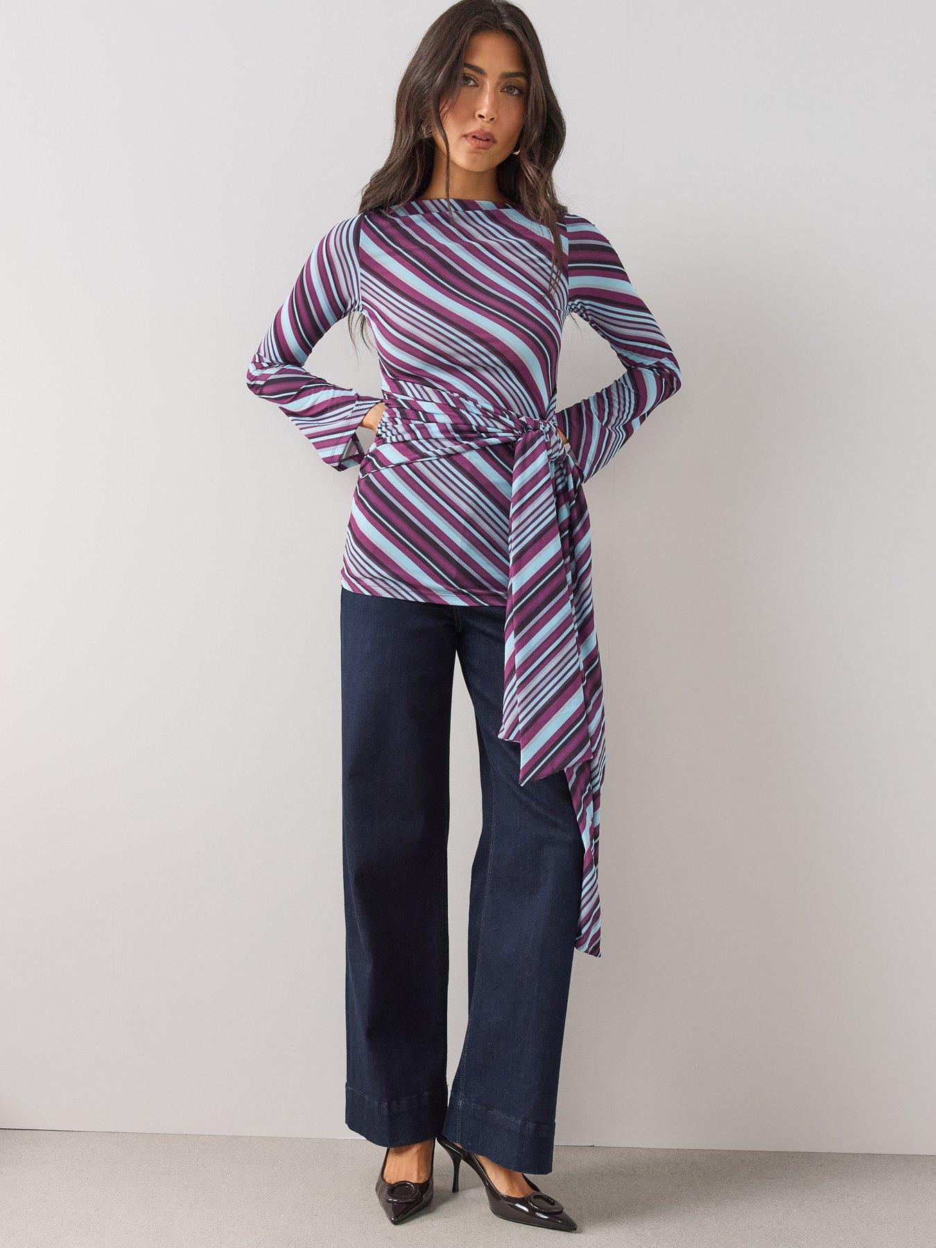 Image 3 of 6 of The Very Collection Stripe Longline Top with Waist Tie Detail - Multi