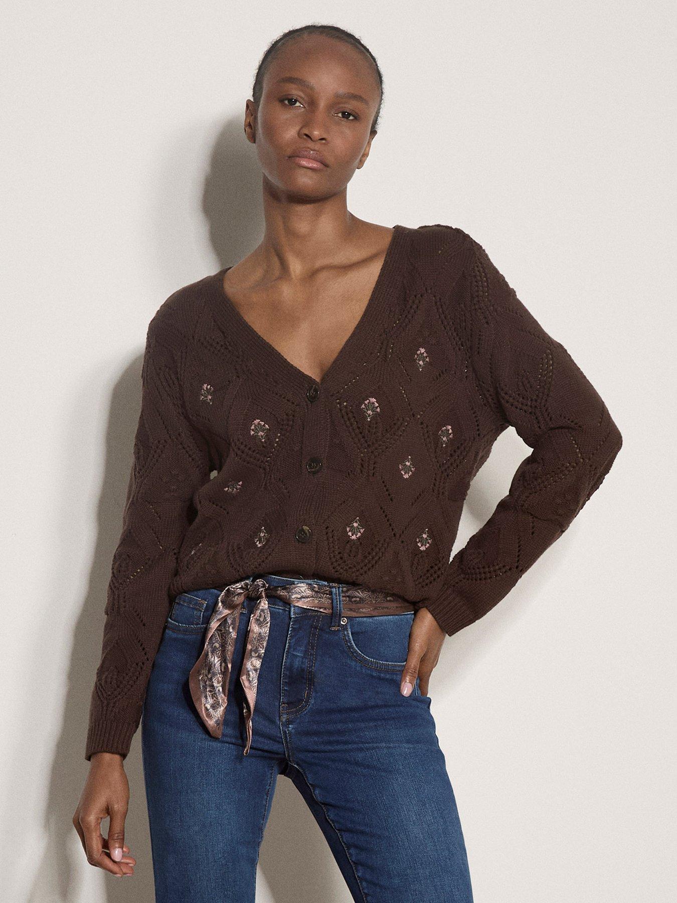 Apricot Embroidered Pointelle Knit Cardigan - Brown