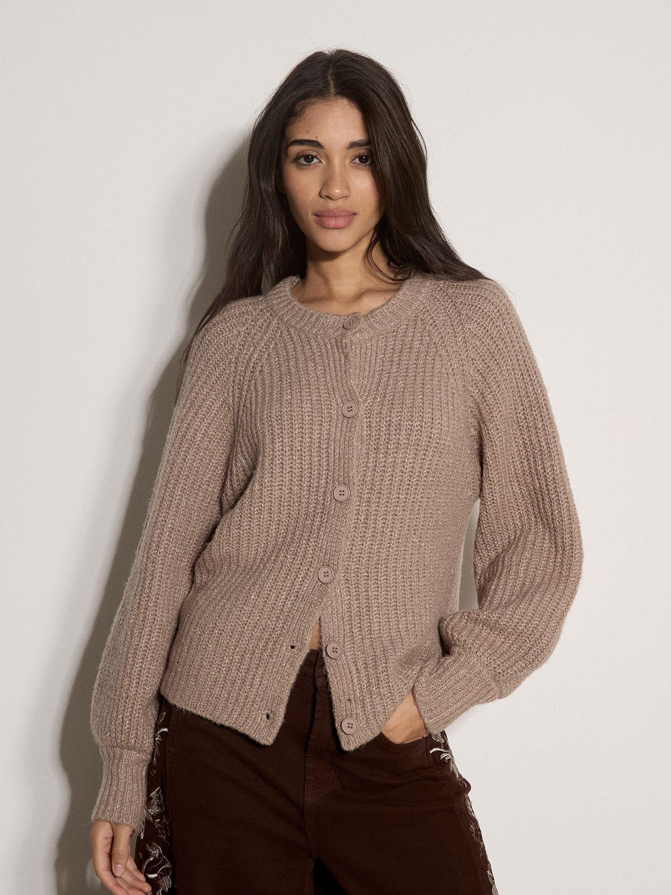 Apricot Ribbed Crew Neck Button Front Cardigan - Brown