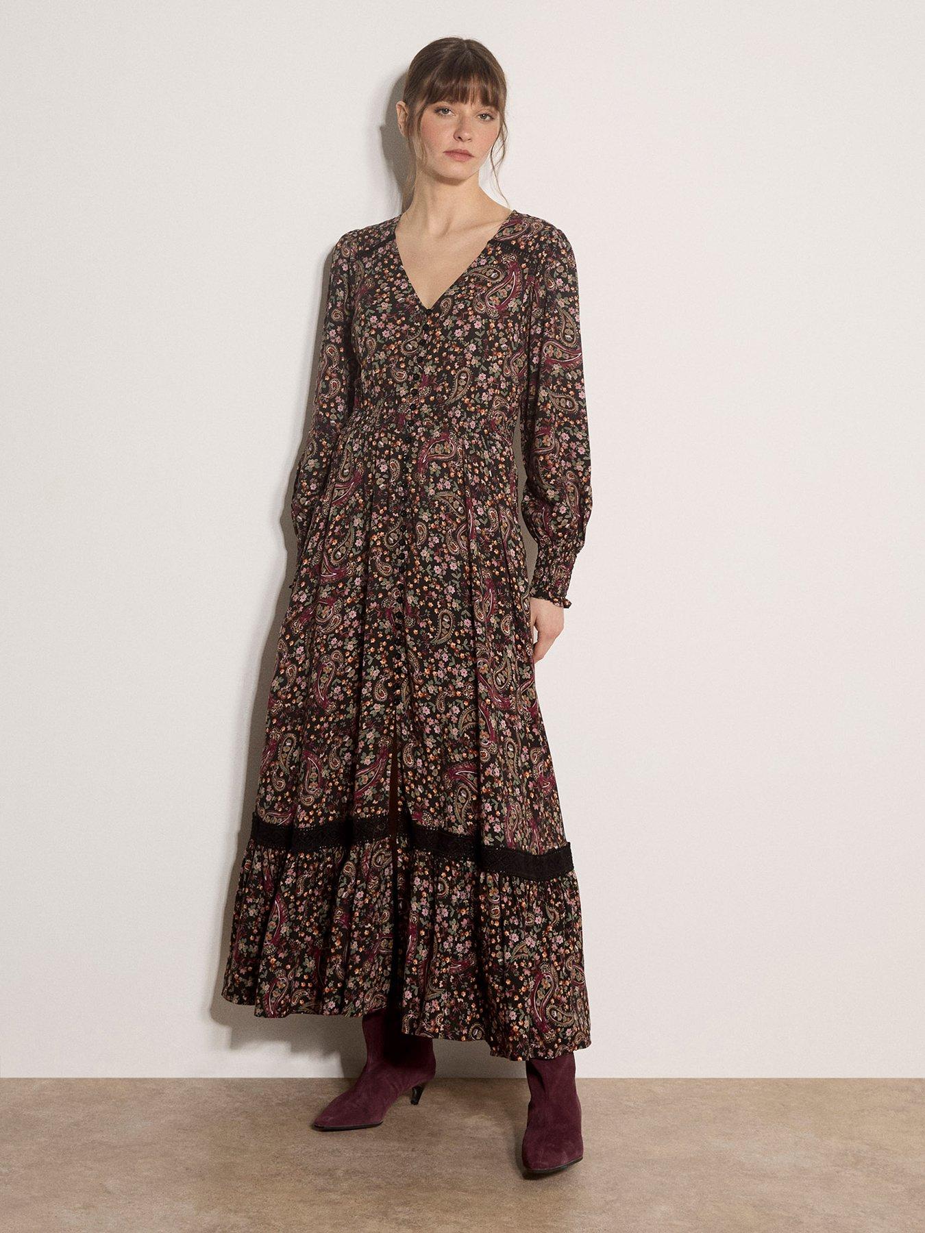 Image 1 of 4 of Apricot Painterly Paisley Maxi Dress - Black