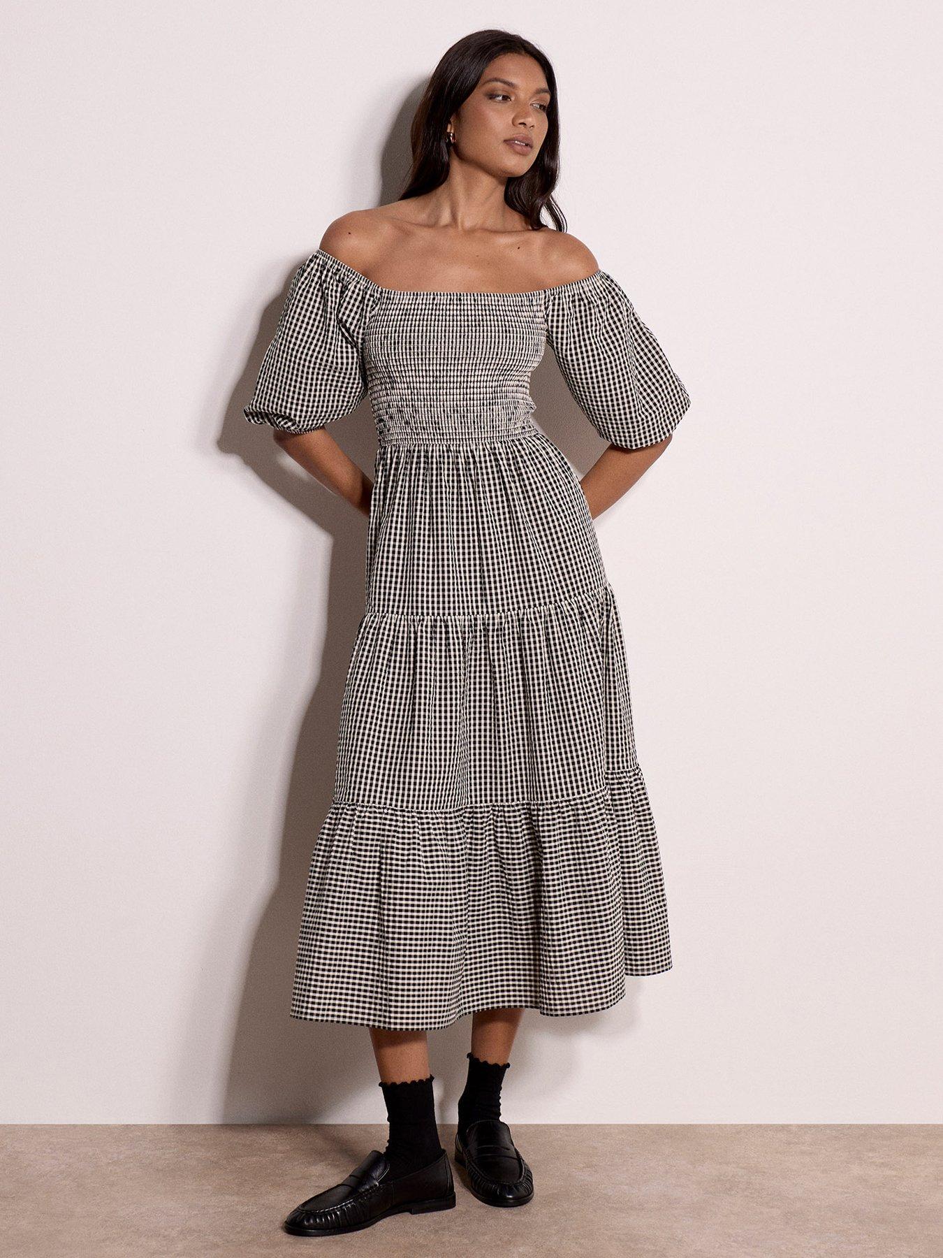 Image 1 of 5 of Apricot Women's Off-The-Shoulder Gingham Tiered Smock Midaxi Dress - Black