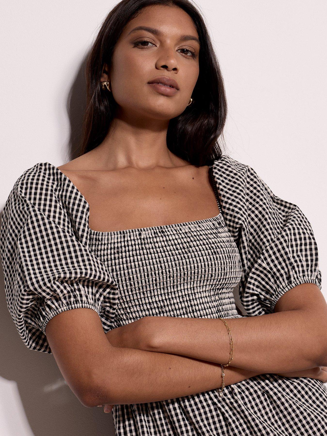 Image 4 of 5 of Apricot Women's Off-The-Shoulder Gingham Tiered Smock Midaxi Dress - Black
