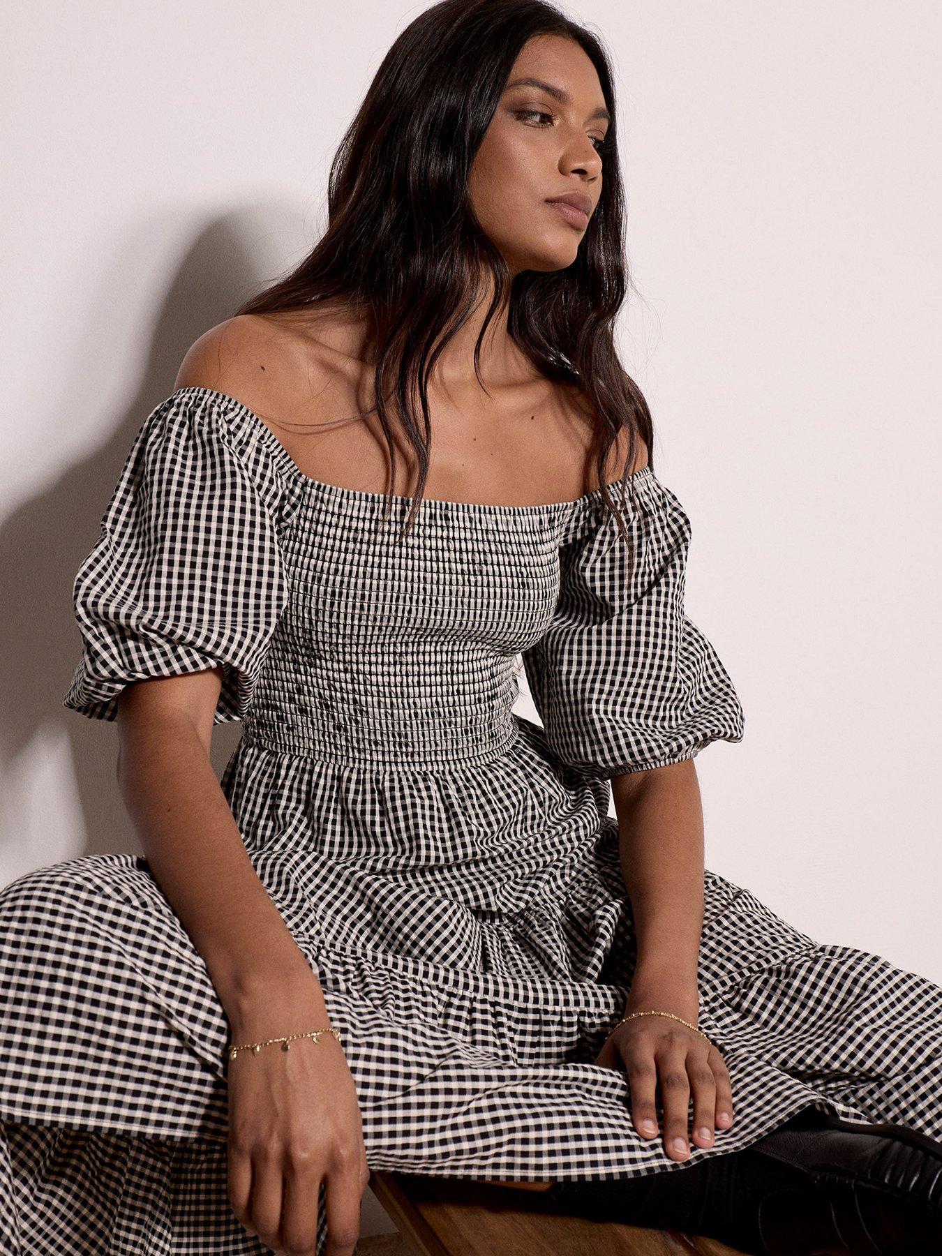 Image 5 of 5 of Apricot Women's Off-The-Shoulder Gingham Tiered Smock Midaxi Dress - Black