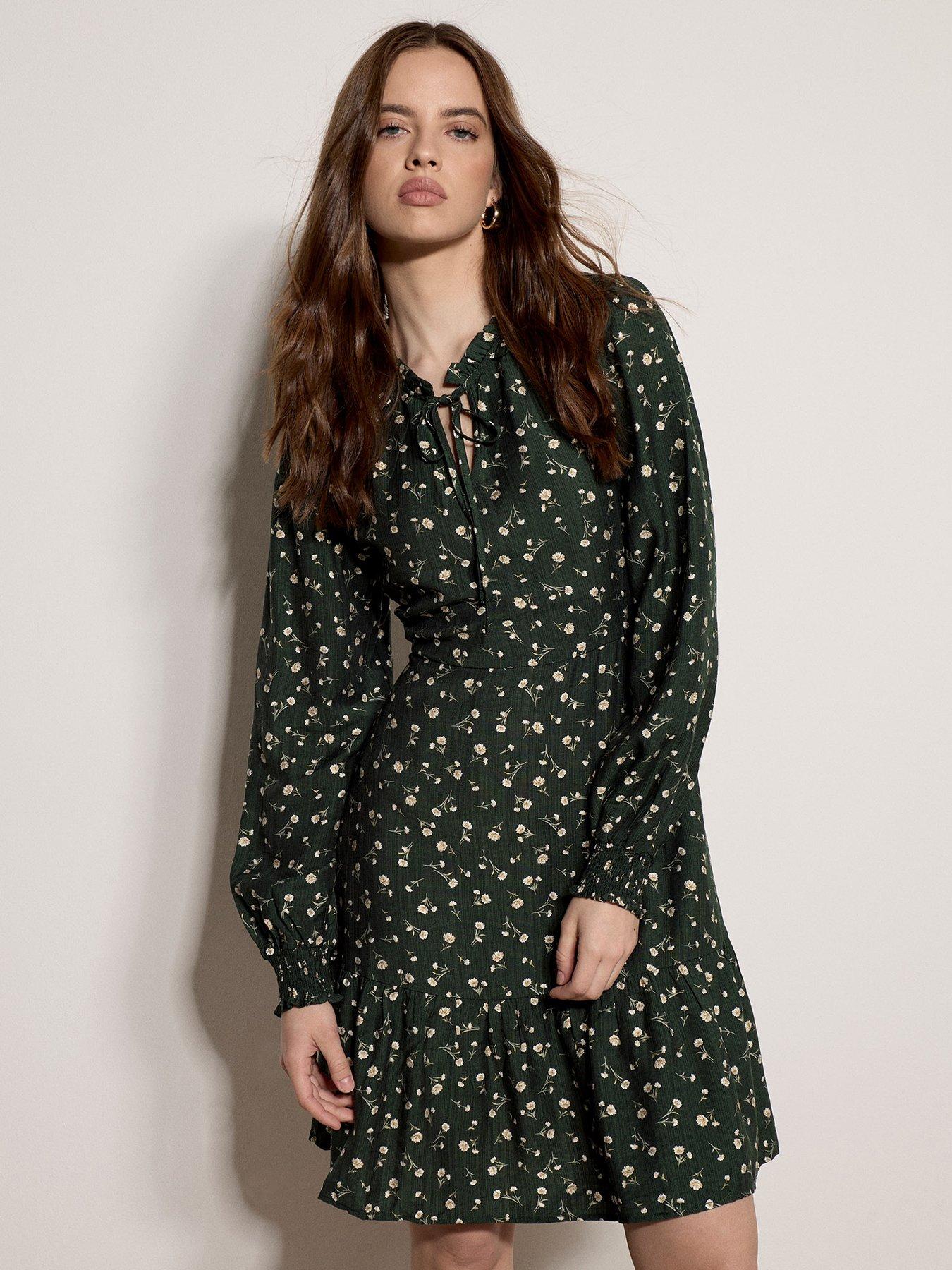 Apricot Daisy Floral Tie-Neck Long Sleeve Mini Dress - Green