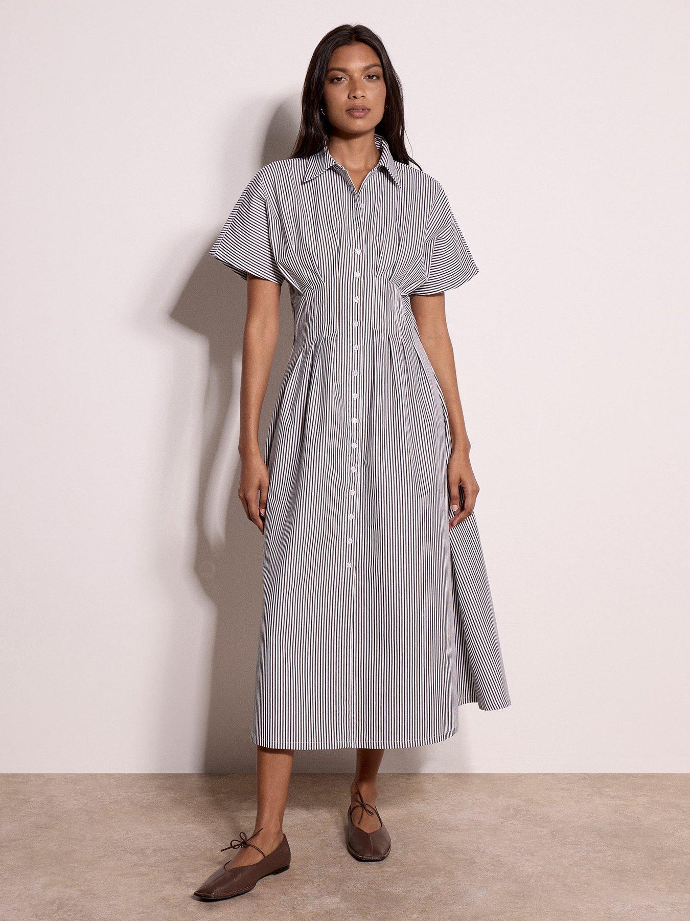 Apricot Thin Stripe Collared Shirt Midaxi Dress - White