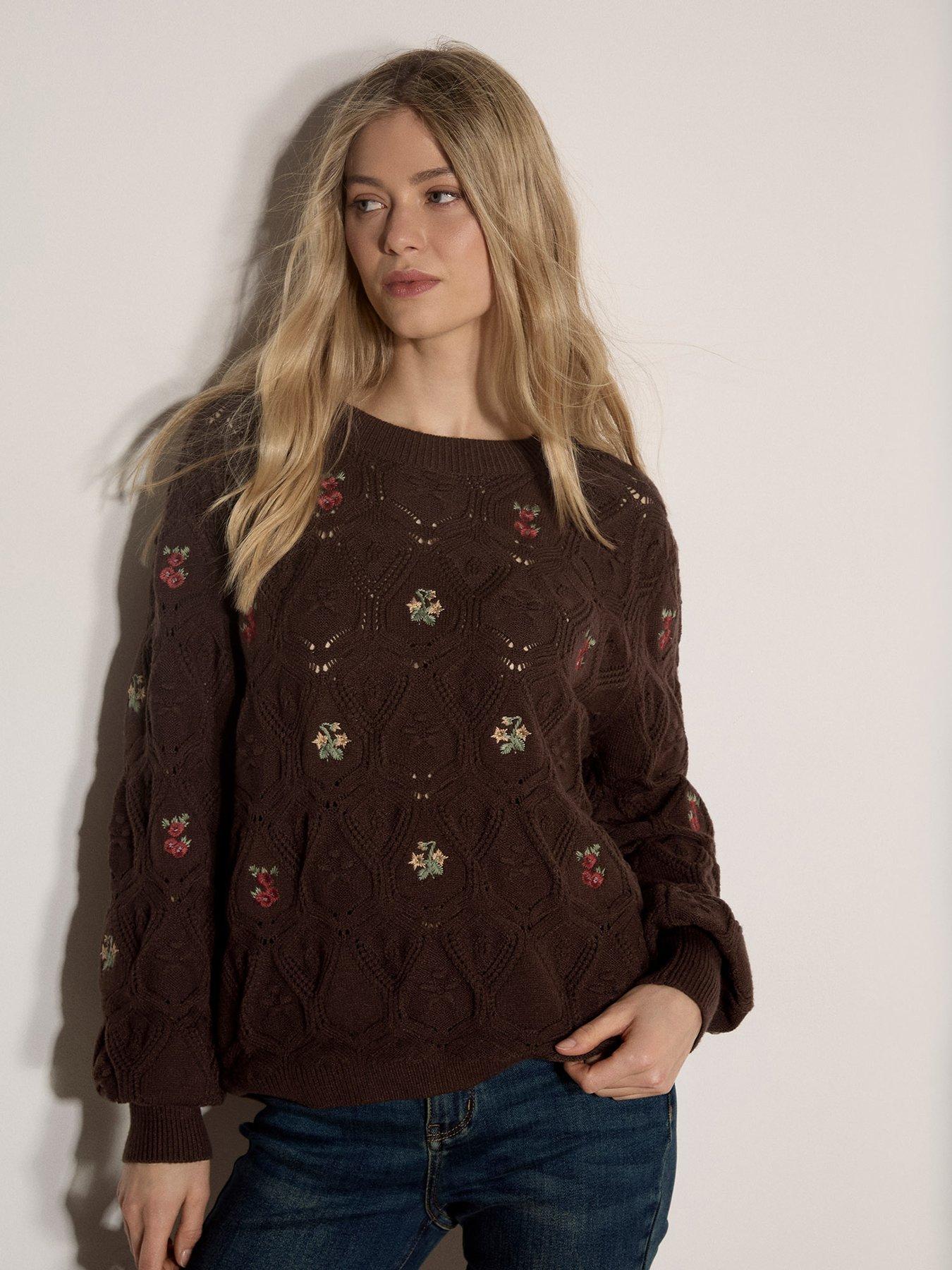 Apricot Embriod Flowers Pointelle Jumper - Brown