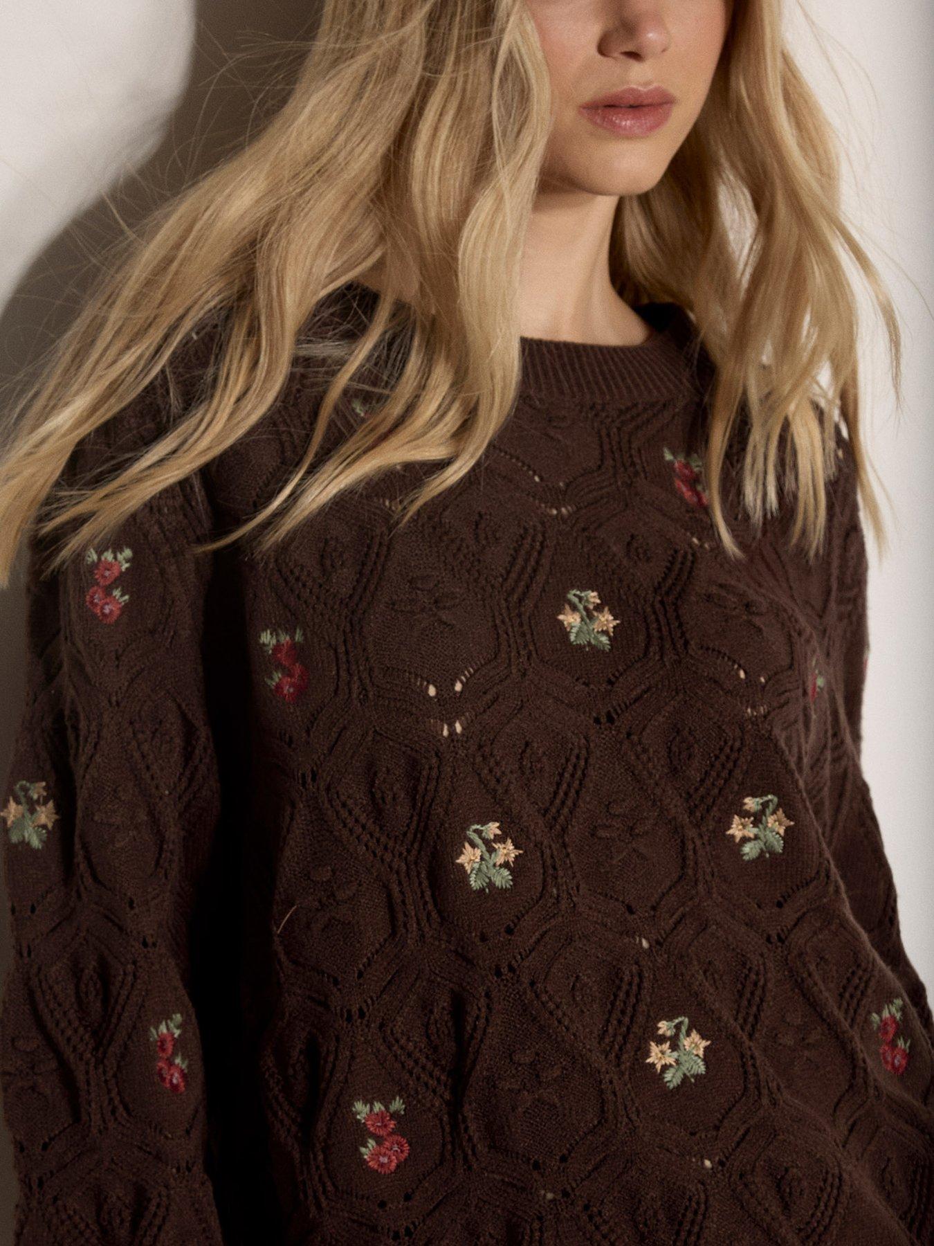 Image 4 of 4 of Apricot Embroidered Flowers Pointelle Jumper - Brown