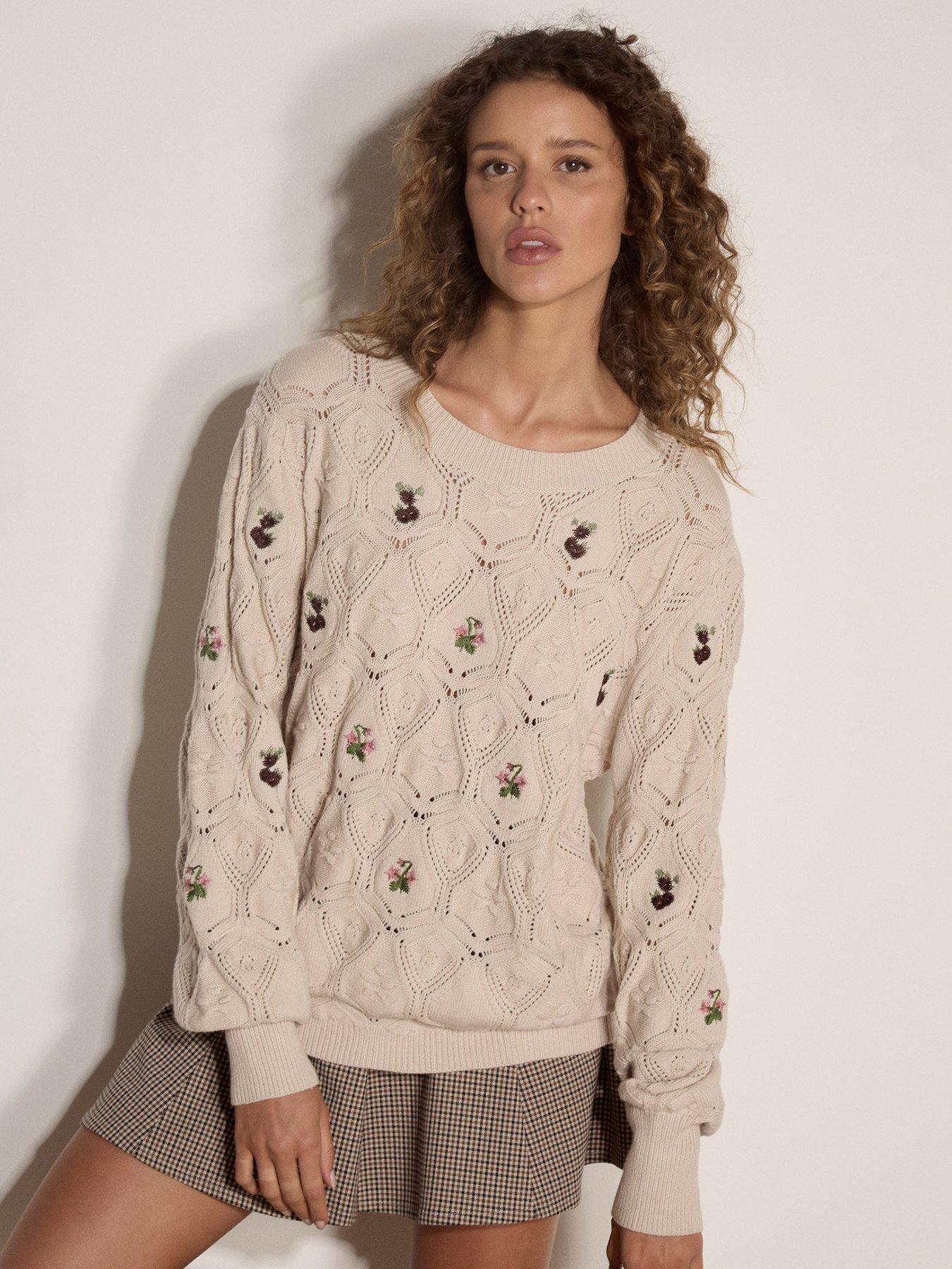 Apricot Embroidered Floral Pointelle Knit Jumper - Beige