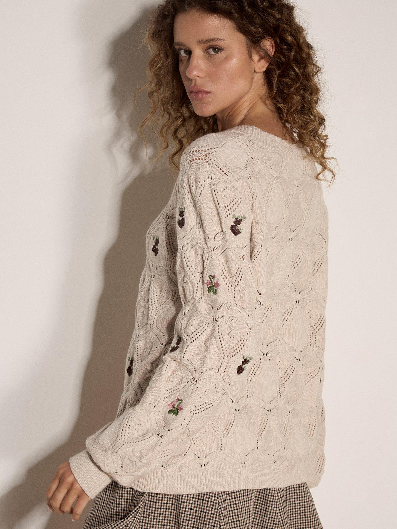 Image 2 of 4 of Apricot Embroidered Floral Pointelle Knit Jumper - Beige