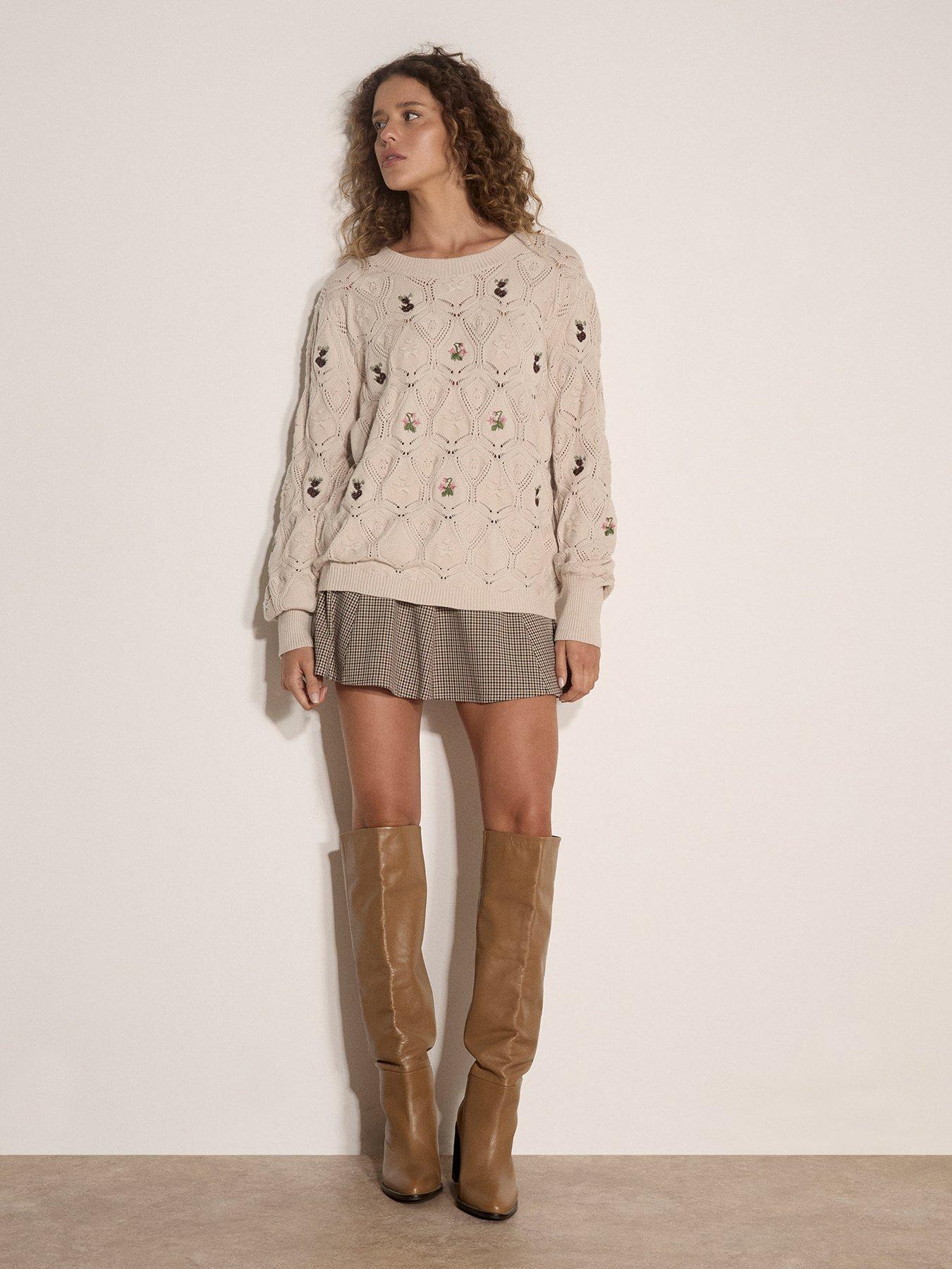 Image 3 of 4 of Apricot Embroidered Floral Pointelle Knit Jumper - Beige