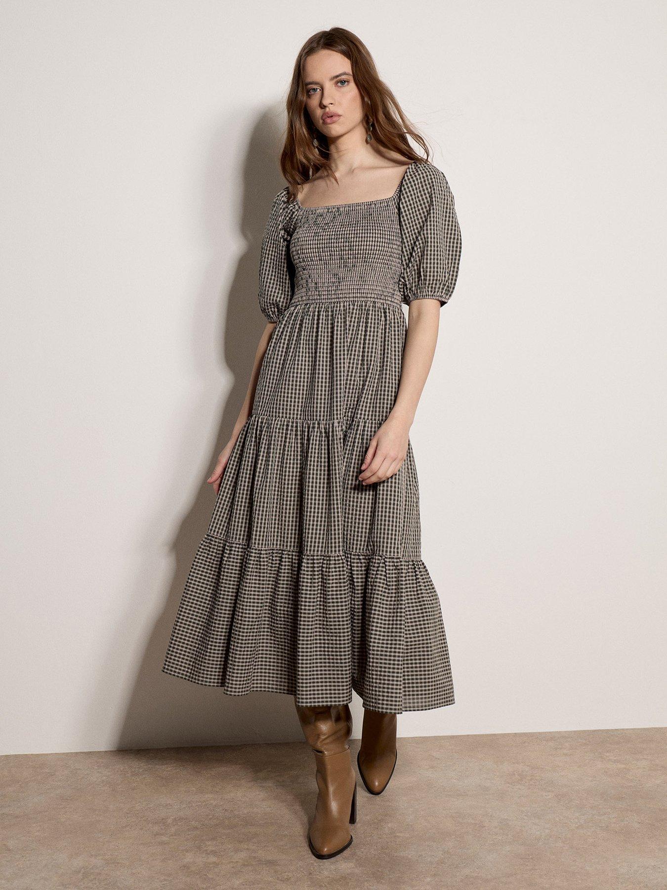 Apricot Woven Gingham Tiered Smock Dress - Green