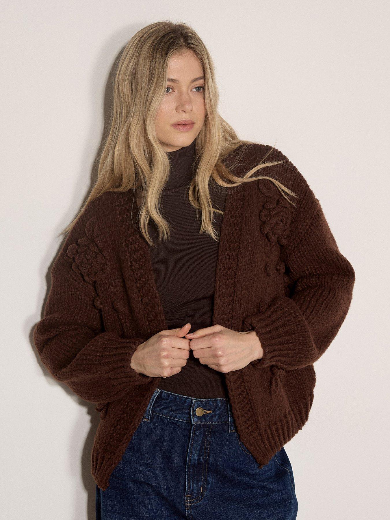 Image 1 of 4 of Apricot Knitted Rose Open Cardigan - Brown