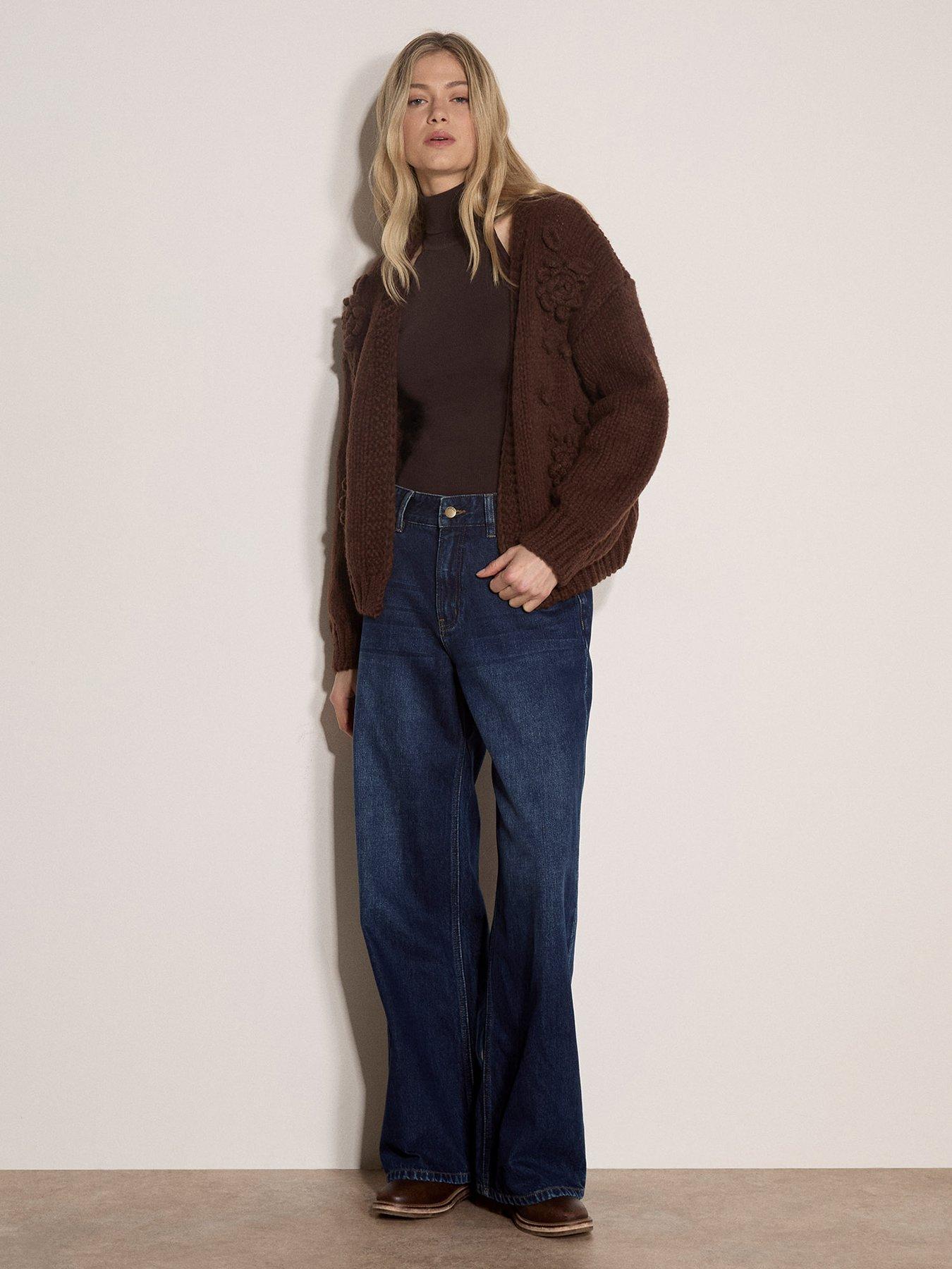Image 3 of 4 of Apricot Knitted Rose Open Cardigan - Brown