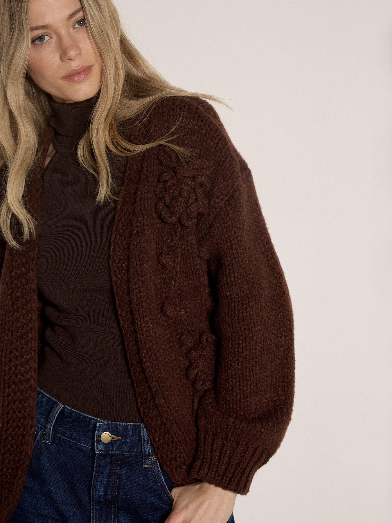 Image 4 of 4 of Apricot Knitted Rose Open Cardigan - Brown