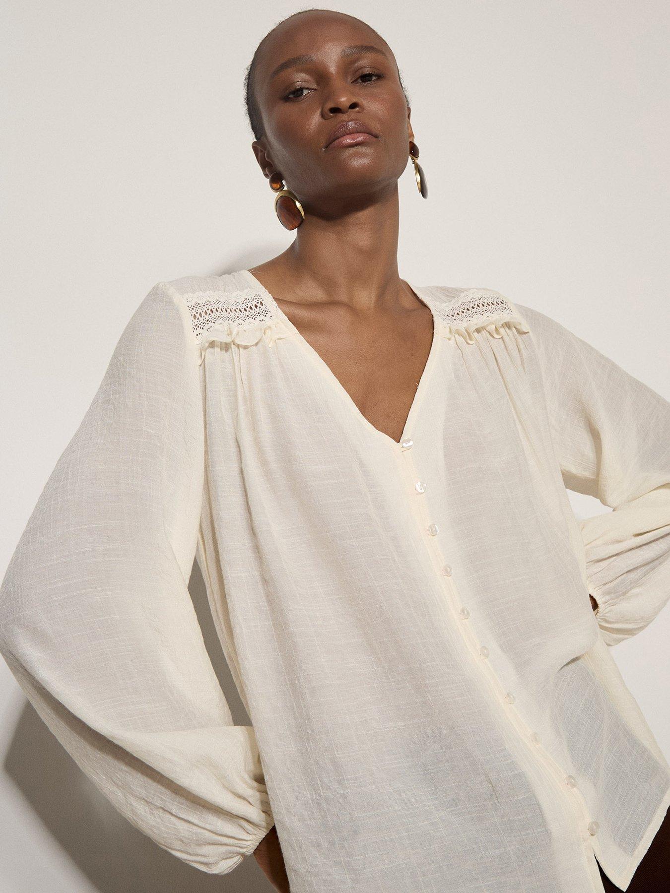 Apricot Lace Yoke Button Front Blouse - Cream