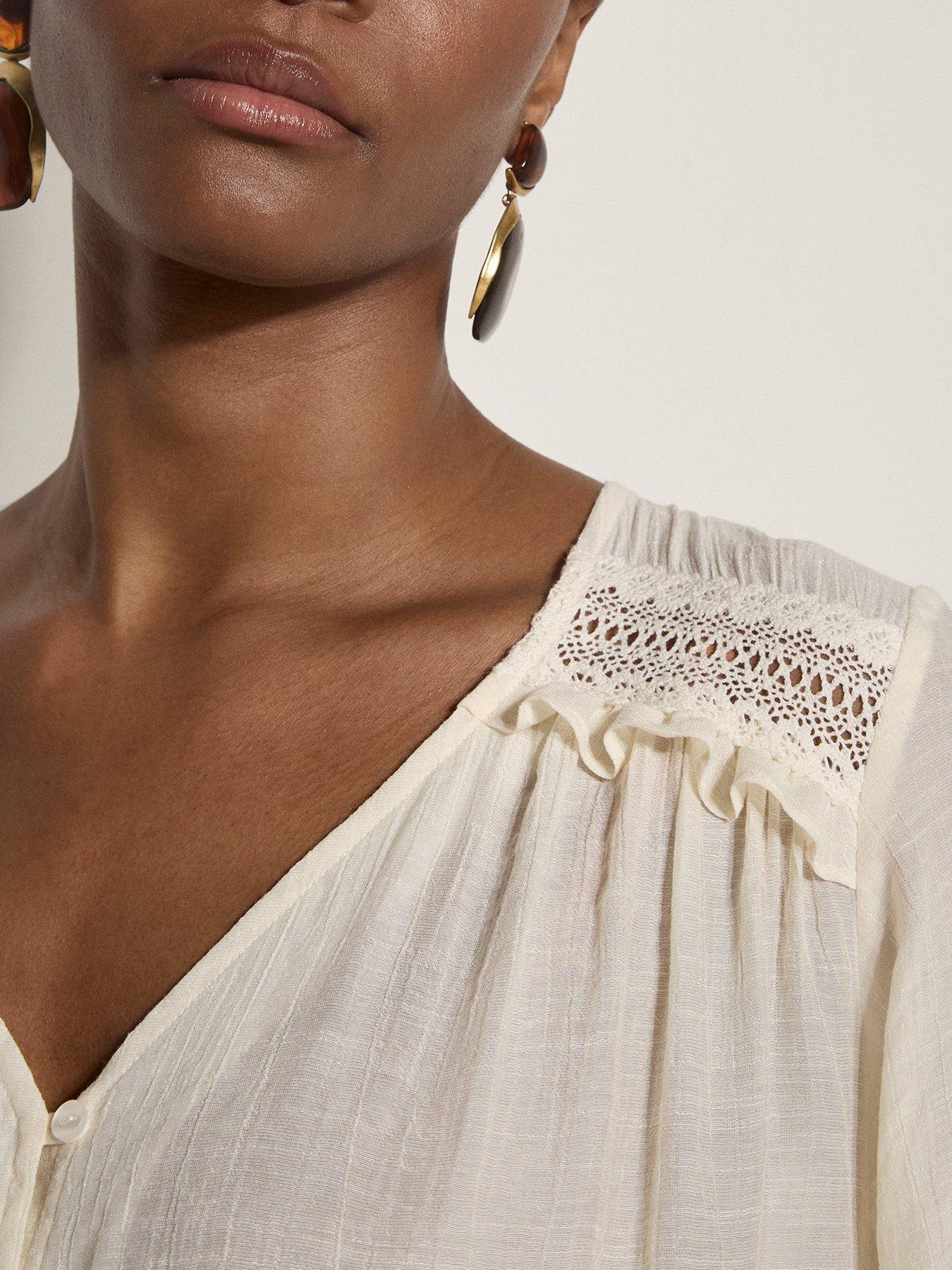 Image 4 of 4 of Apricot Lace Yoke Button Front Blouse - Cream