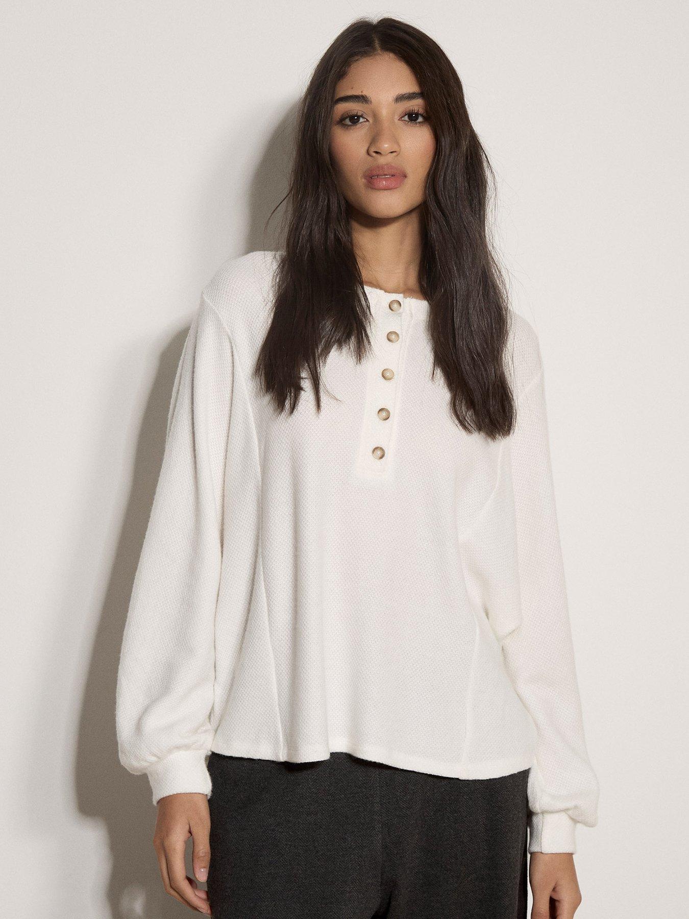Image 1 of 4 of Apricot Soft Button Front Blouson Sleeve Top - Cream