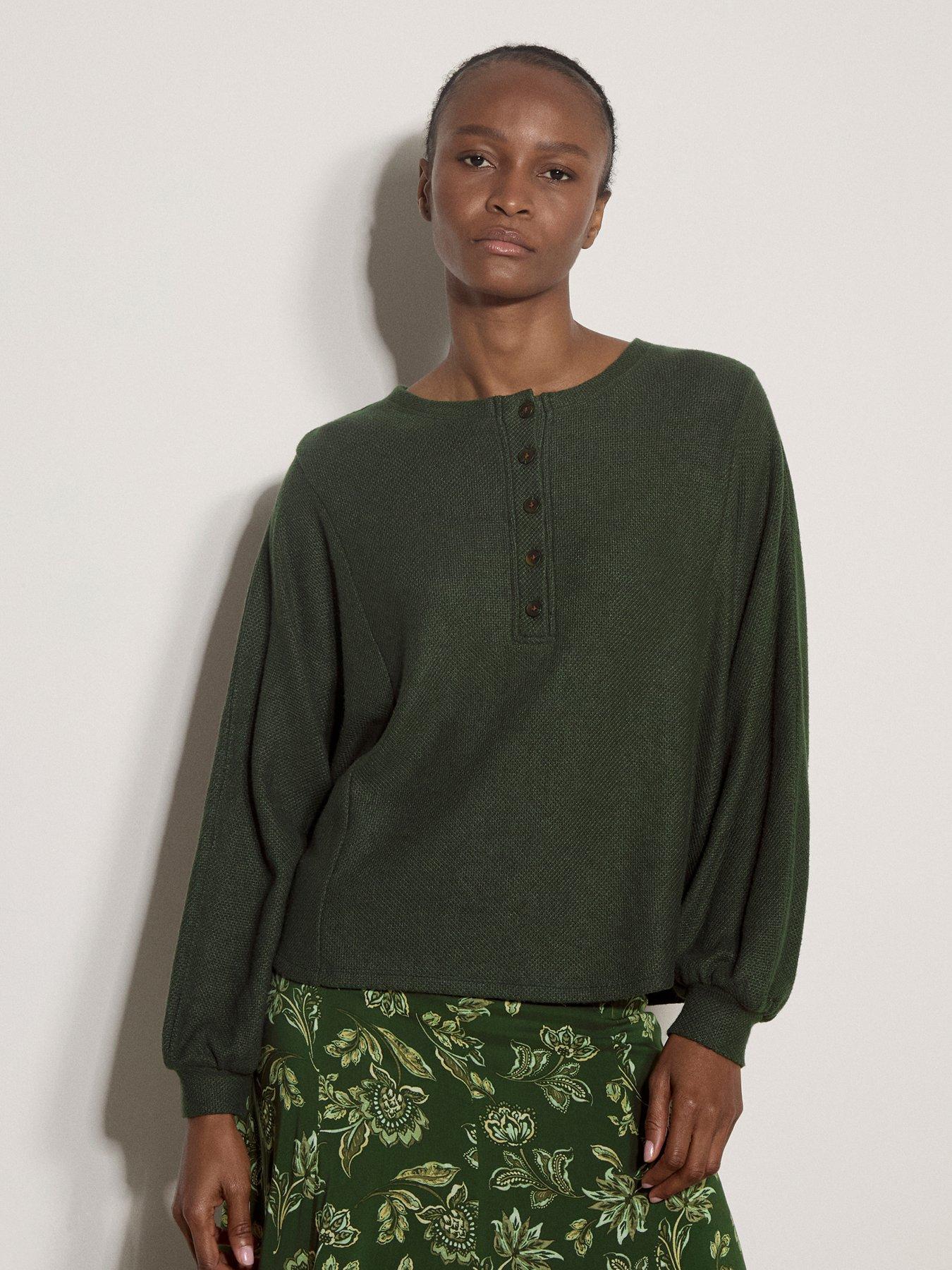 Apricot Soft Button Front Blouson Sleeve Top - Green