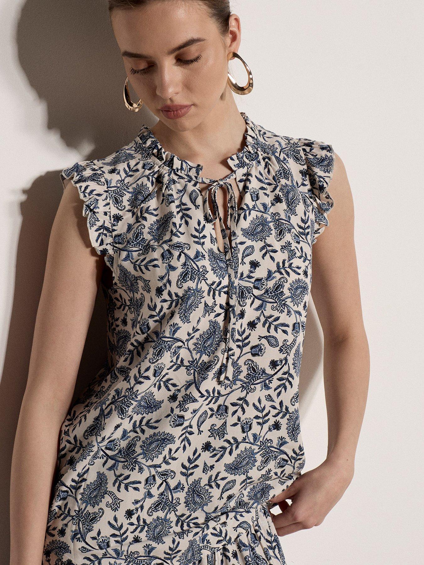 Image 1 of 5 of Apricot Painterly Paisley Vines Tie Neck Top - Cream