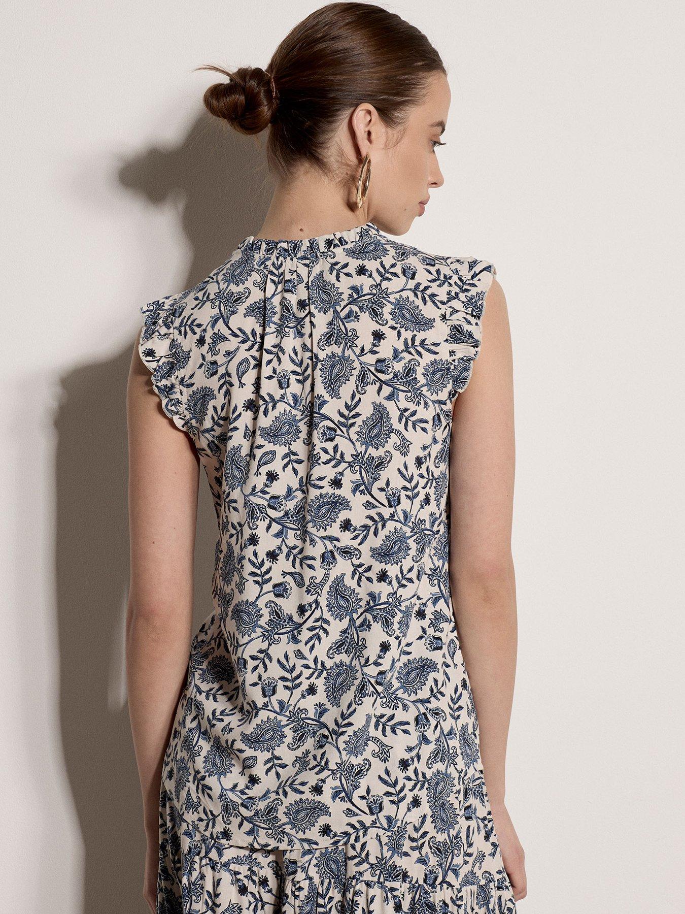 Image 2 of 5 of Apricot Painterly Paisley Vines Tie Neck Top - Cream