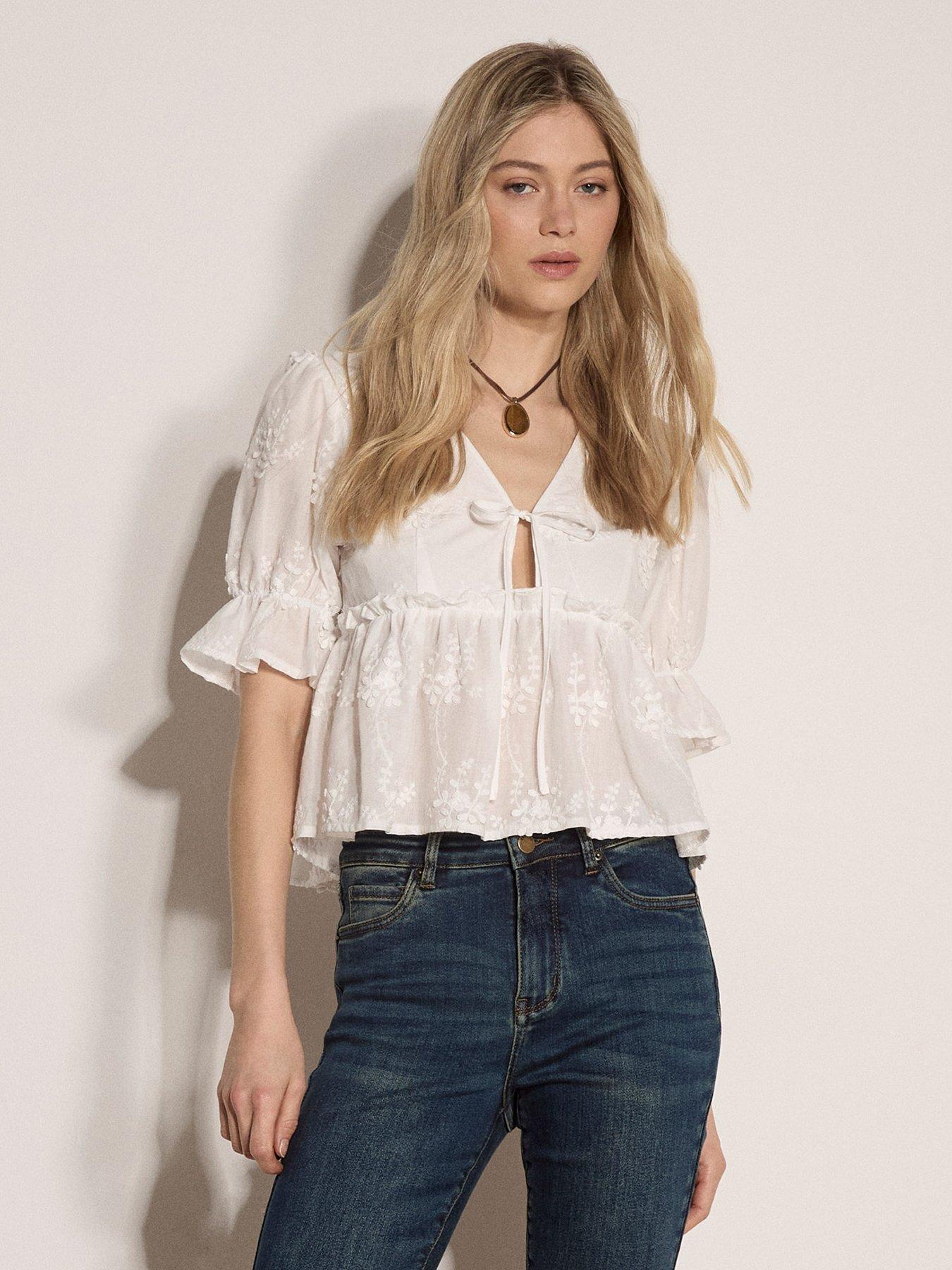 Image 1 of 4 of Apricot 3D Embroidered Tie Front Peplum Top - White