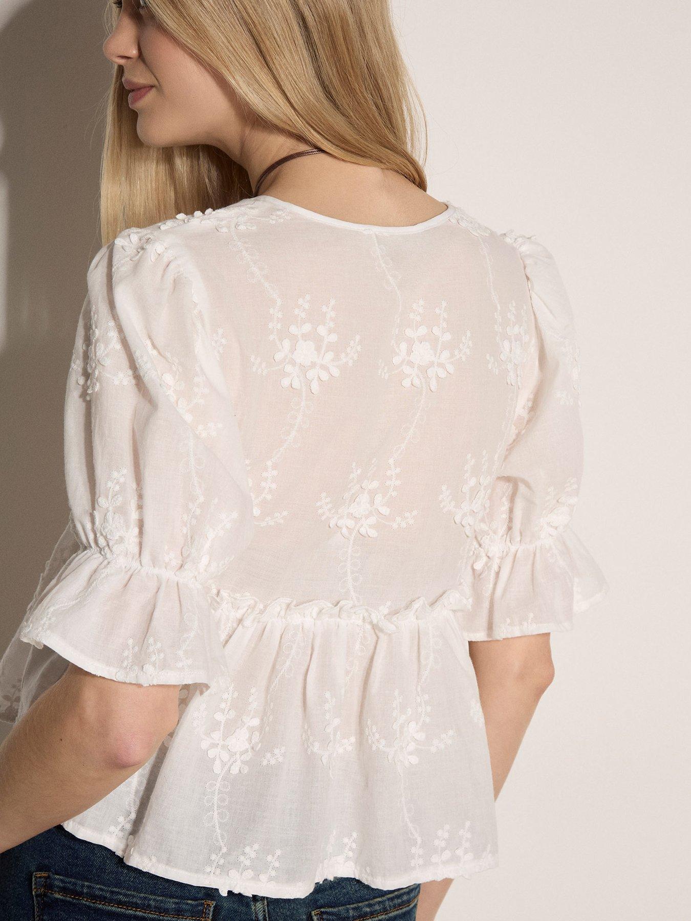 Image 2 of 4 of Apricot 3D Embroidered Tie Front Peplum Top - White