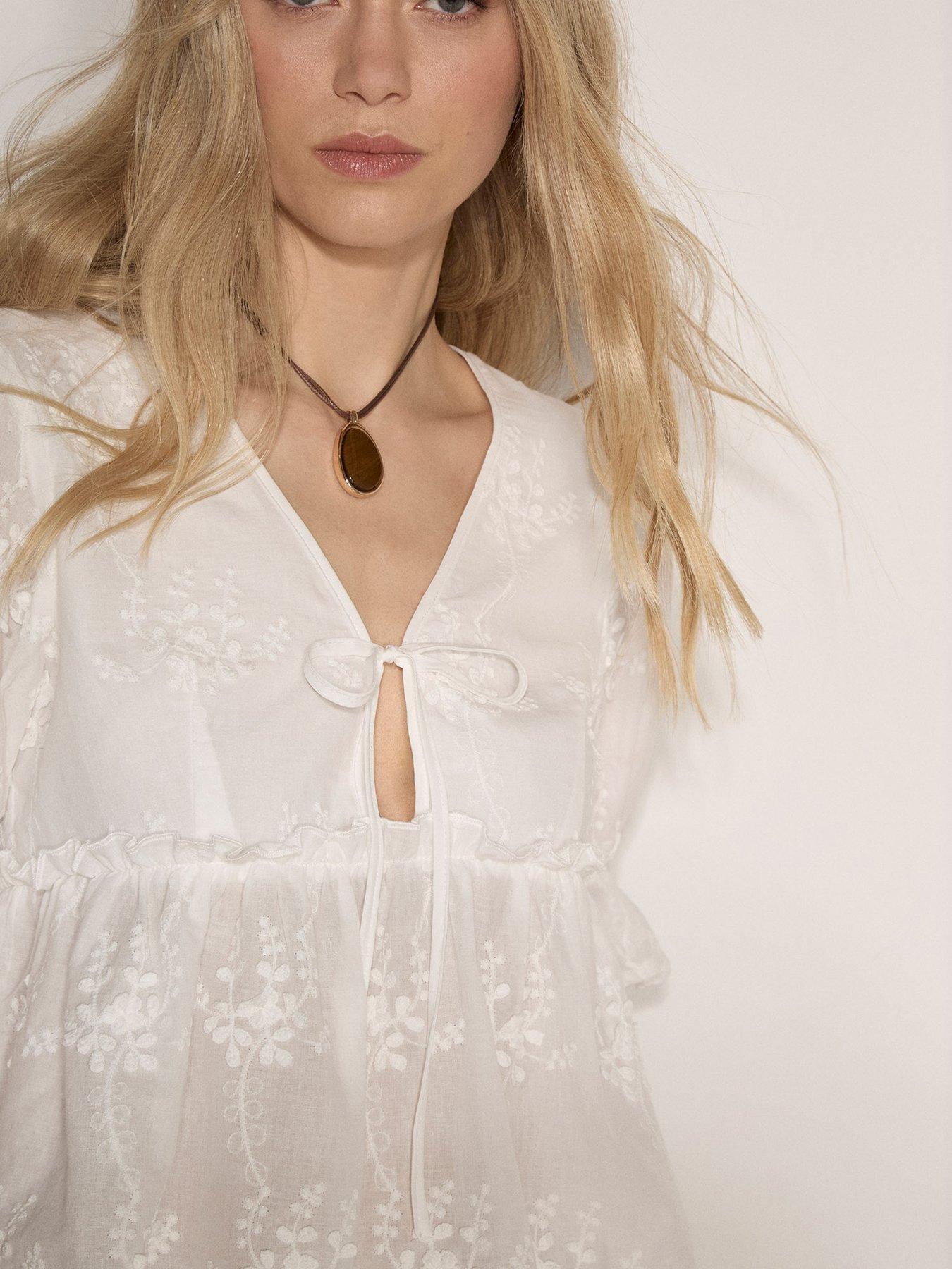 Image 4 of 4 of Apricot 3D Embroidered Tie Front Peplum Top - White