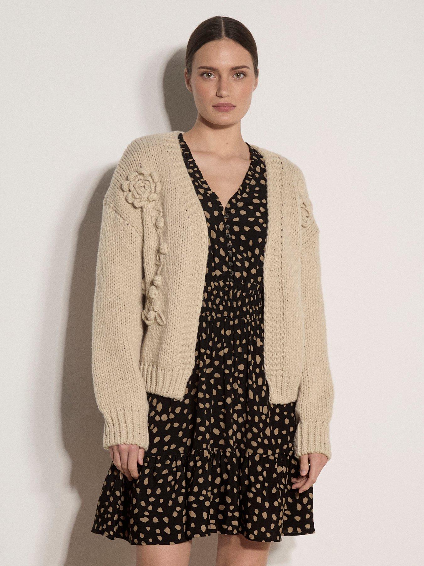 Apricot Knit Rose Open Front Cardigan - Beige
