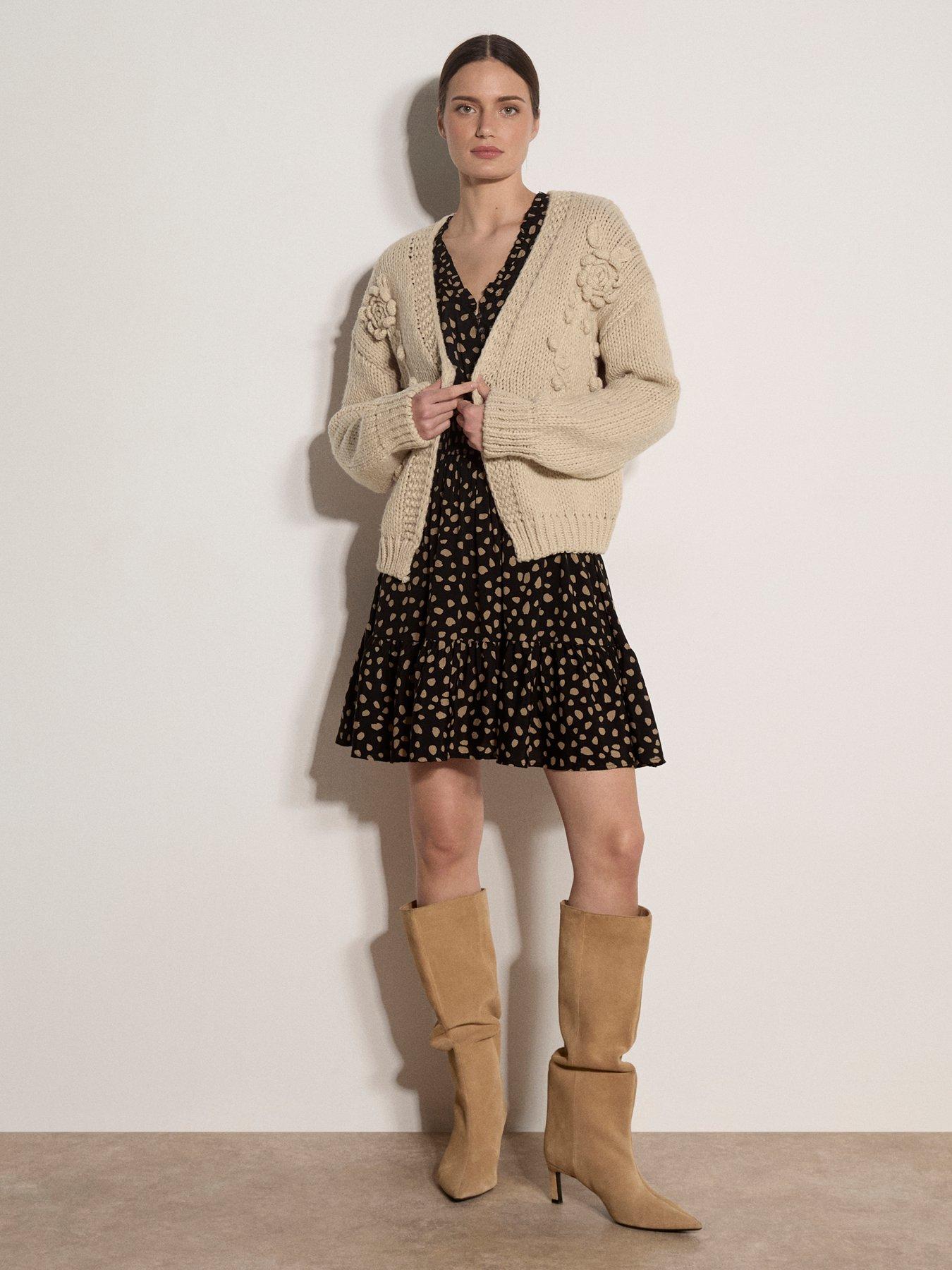 Image 3 of 4 of Apricot Knit Rose Open Front Cardigan - Beige