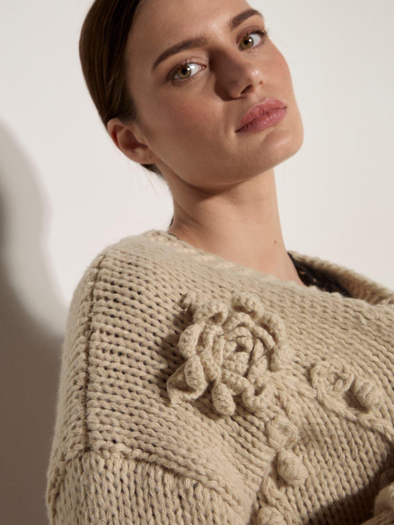 Image 4 of 4 of Apricot Knit Rose Open Front Cardigan - Beige