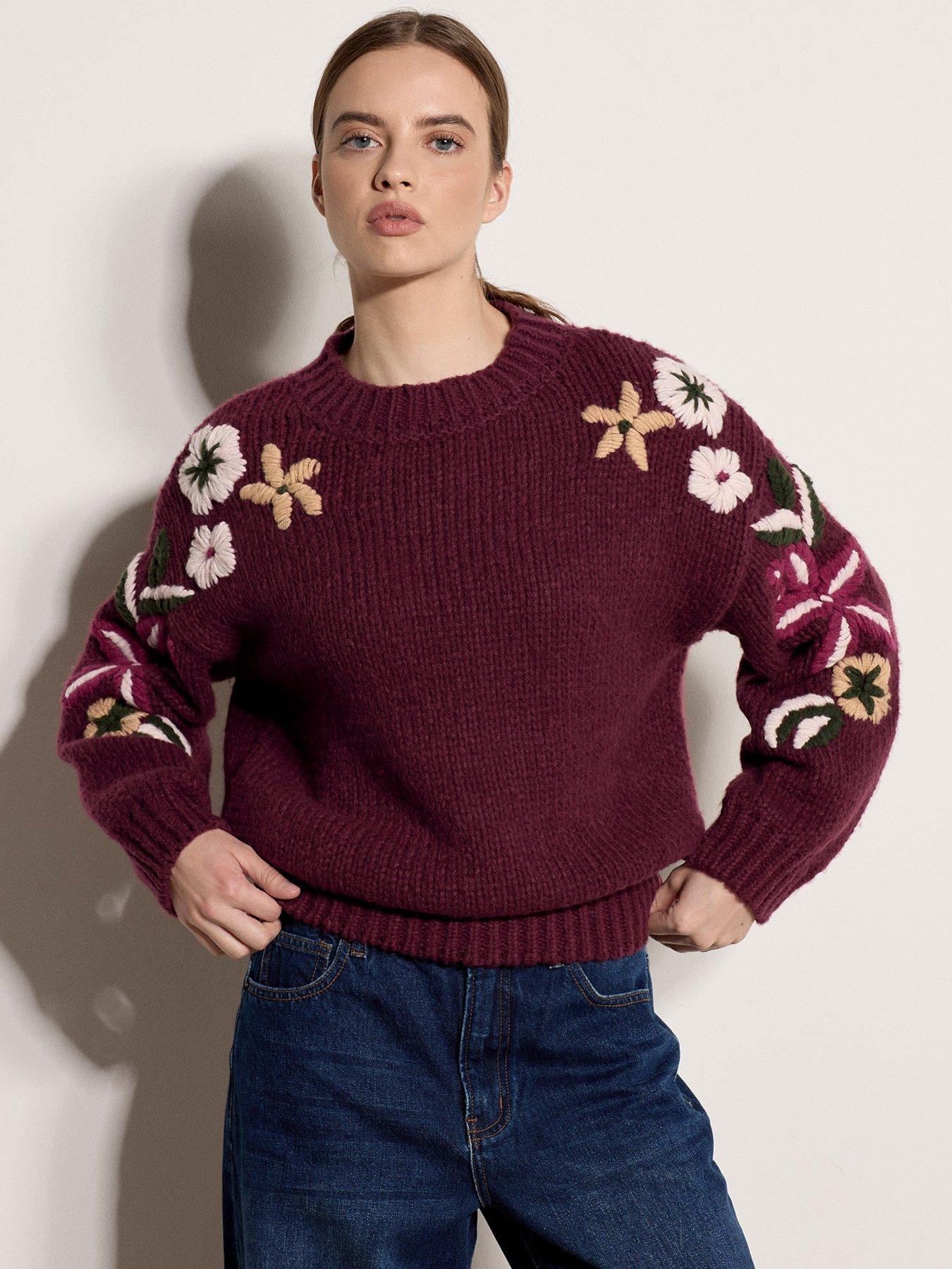Apricot Embroidered Floral Sleeve Jumper - Red