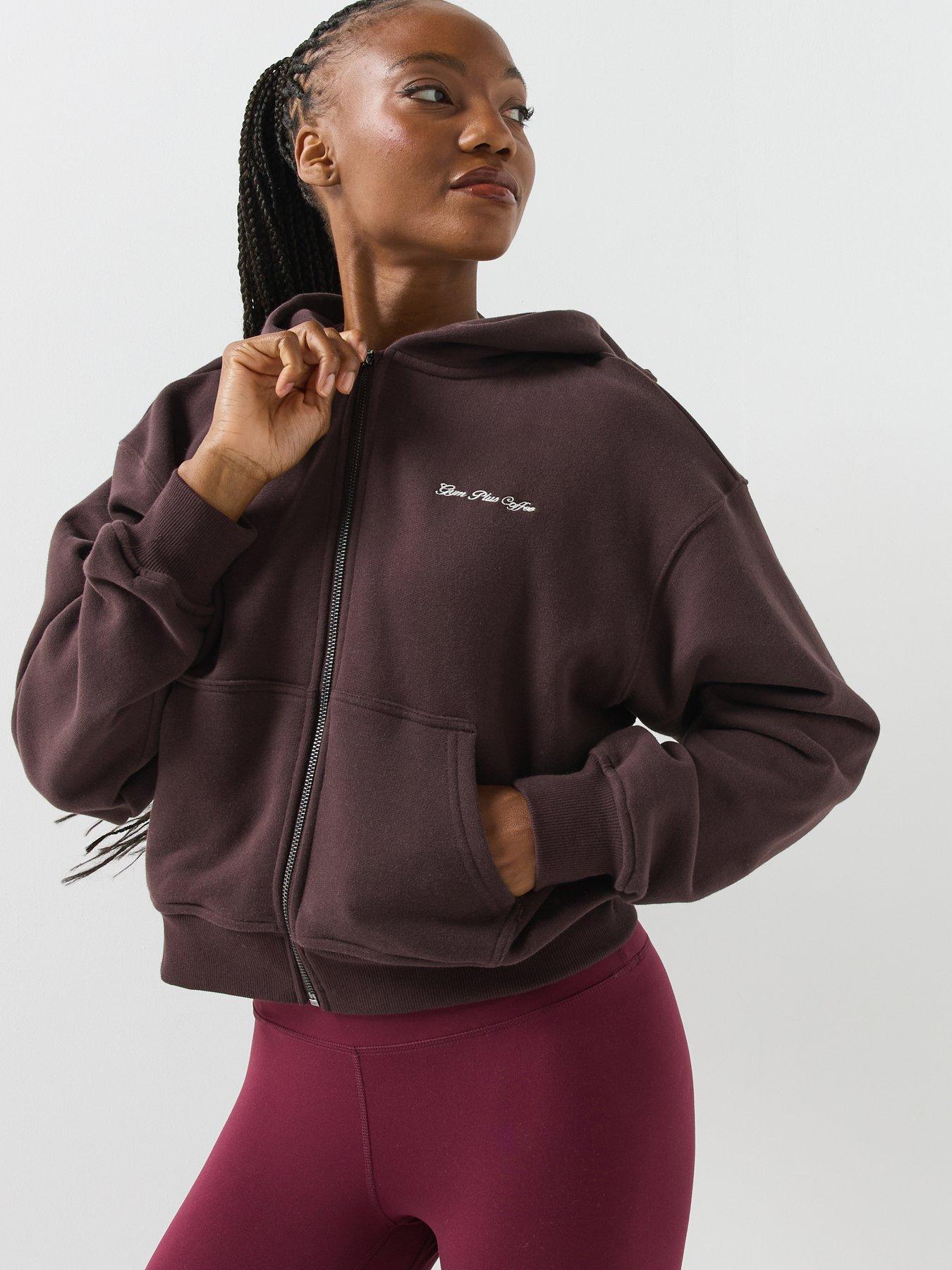 Gym + Coffee Womens Training Daily Full Zip Hoodie - Brown