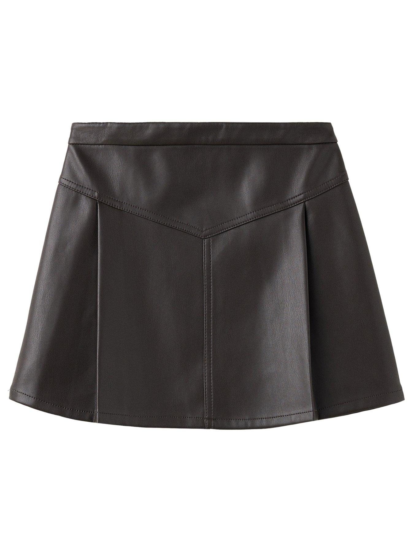 Mango Girls Faux Leather Pleated Skirt - Brown