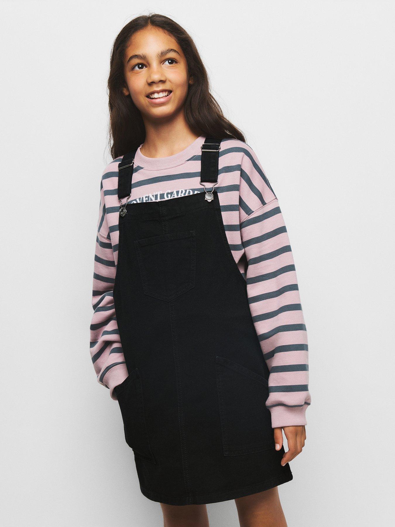 Mango Girls Denim Pinafore Dress  - Black