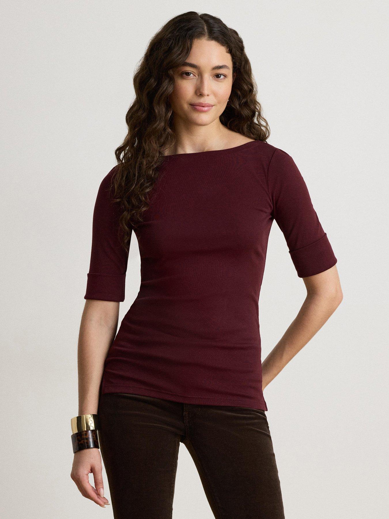 Lauren by Ralph Lauren Womens Boat Neck Slim Fit 3/4 Sleeve T-Shirt - Burgundy